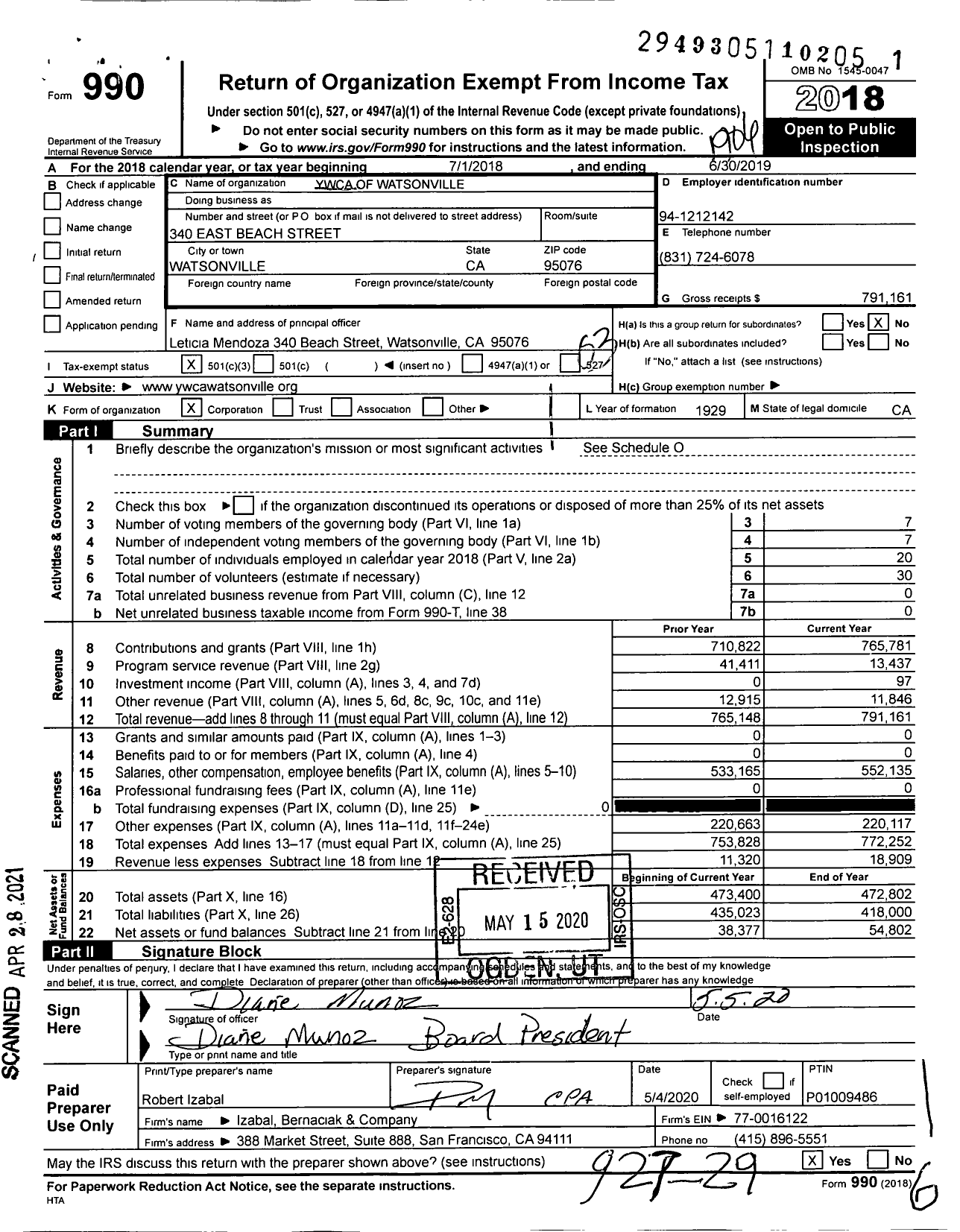 Image of first page of 2018 Form 990 for Ywca of Watsonville