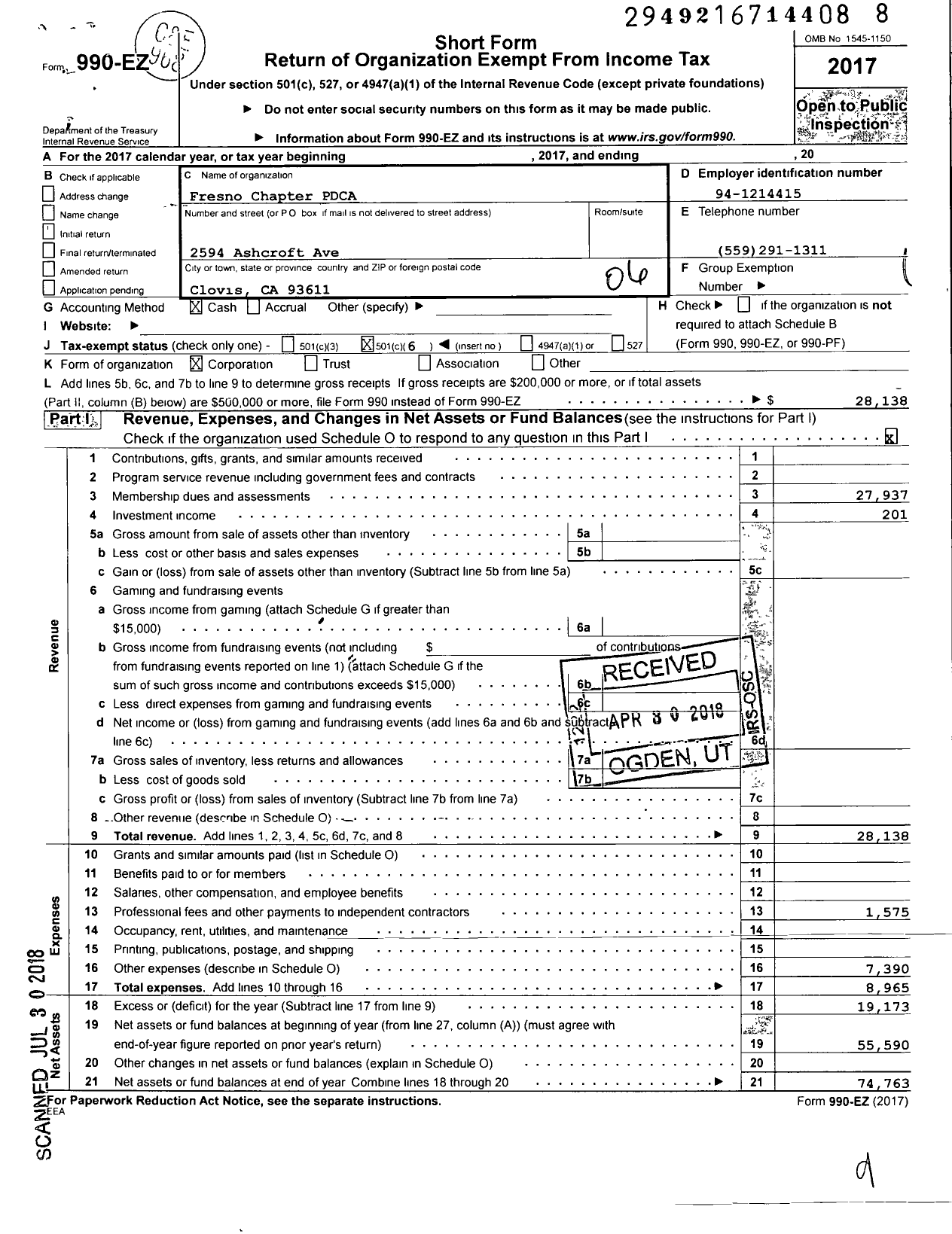 Image of first page of 2017 Form 990EO for Fresno Chapter PDCA