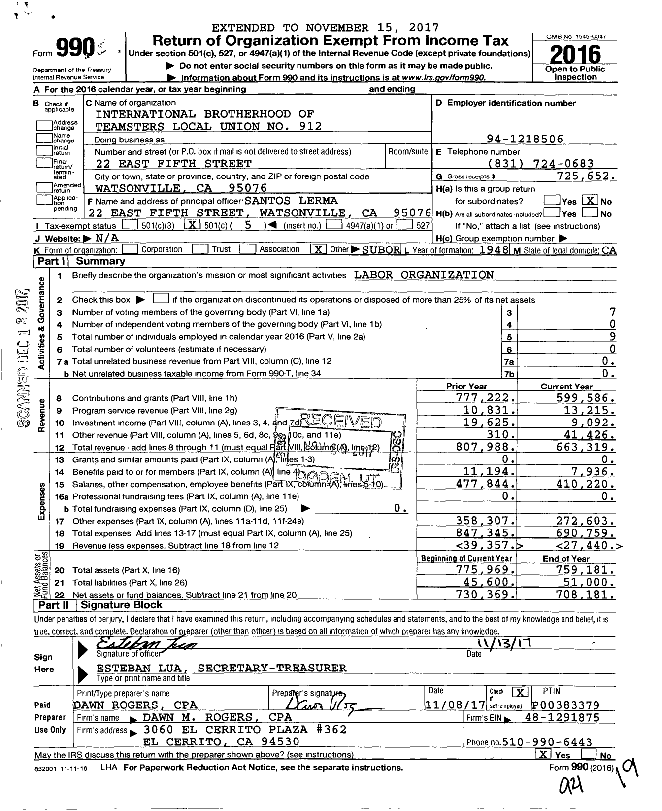 Image of first page of 2016 Form 990O for International Brotherhood of Teamsters Local Union No 912