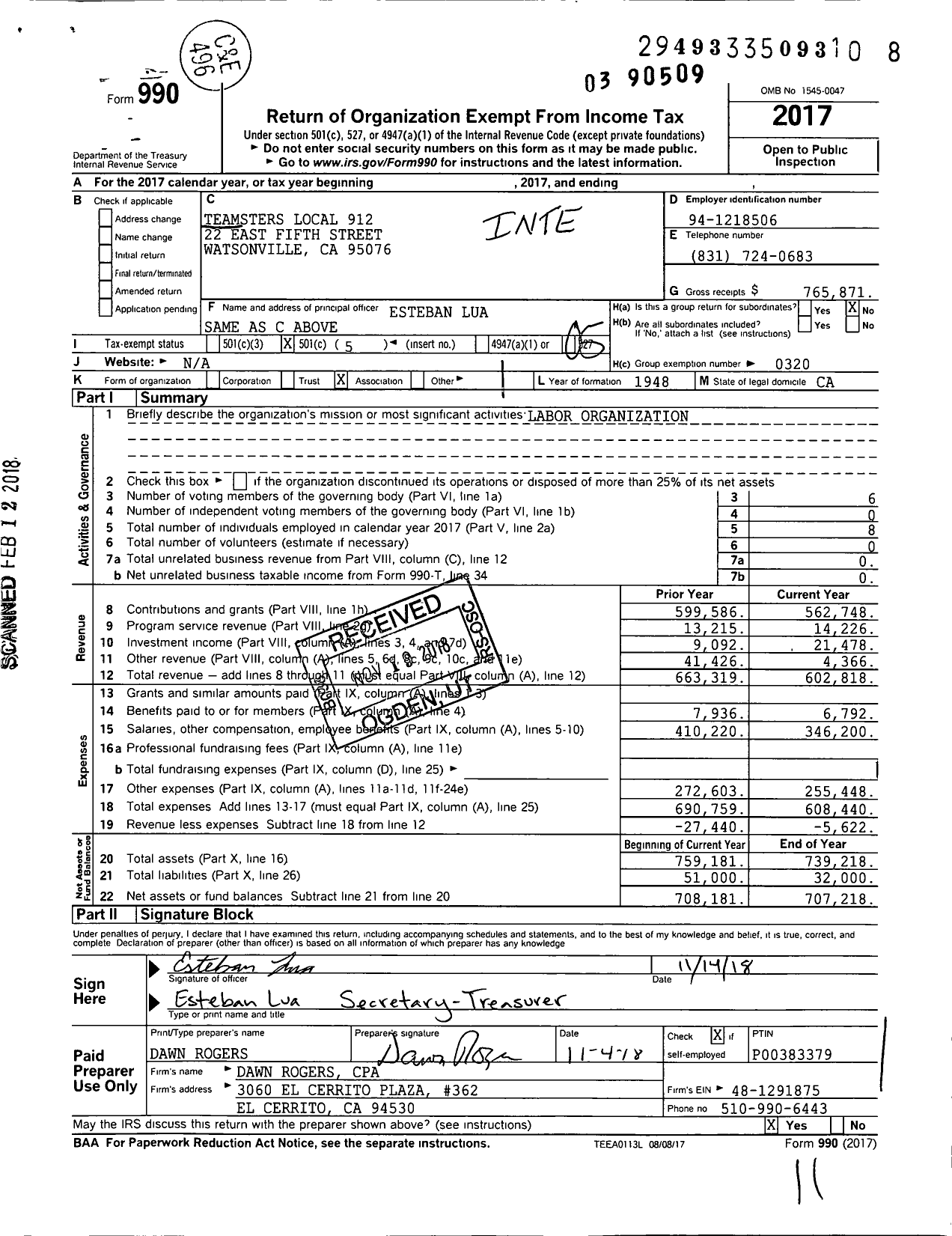 Image of first page of 2017 Form 990O for International Brotherhood of Teamsters Local Union No 912