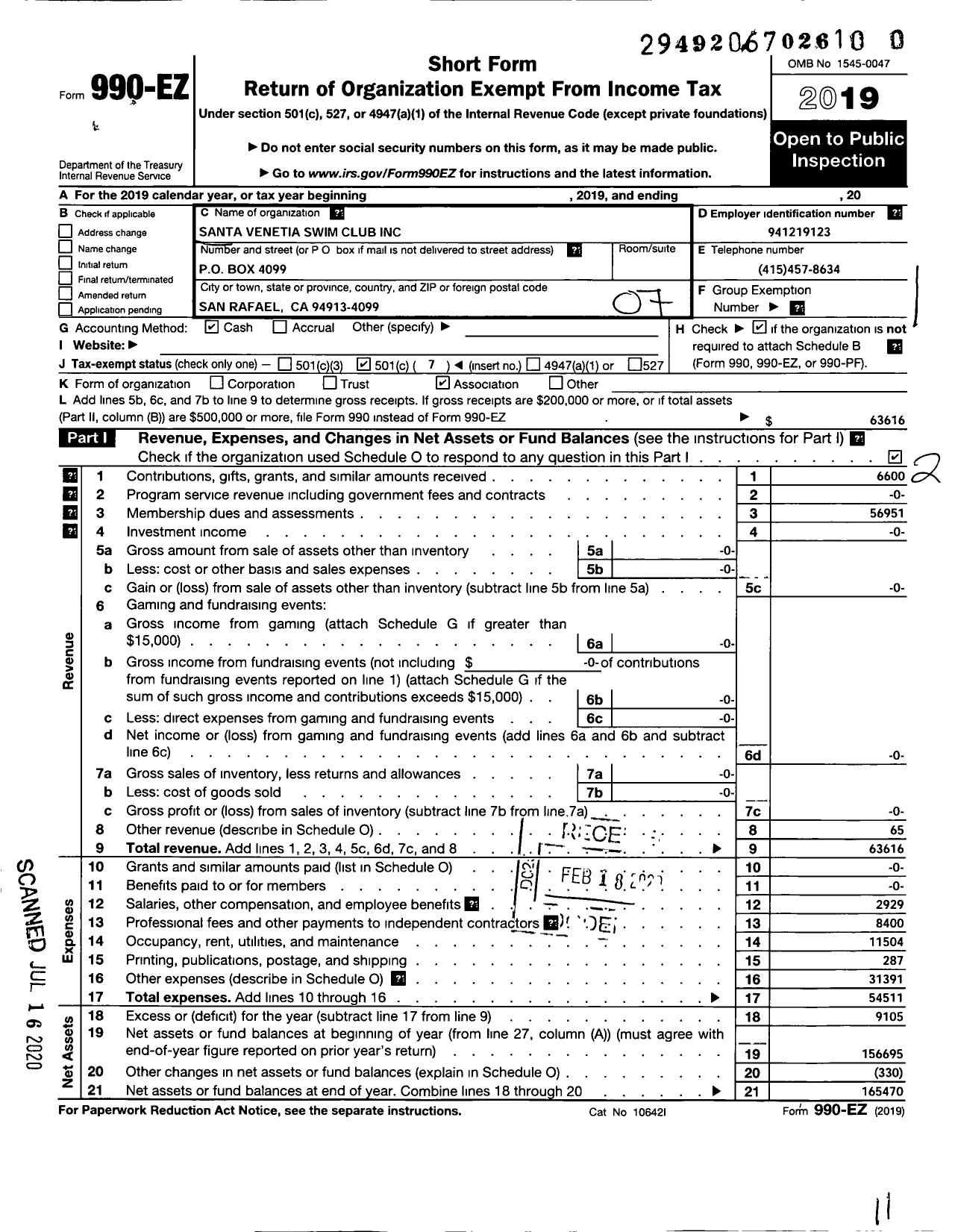 Image of first page of 2019 Form 990EO for Santa Venetia Swim Club