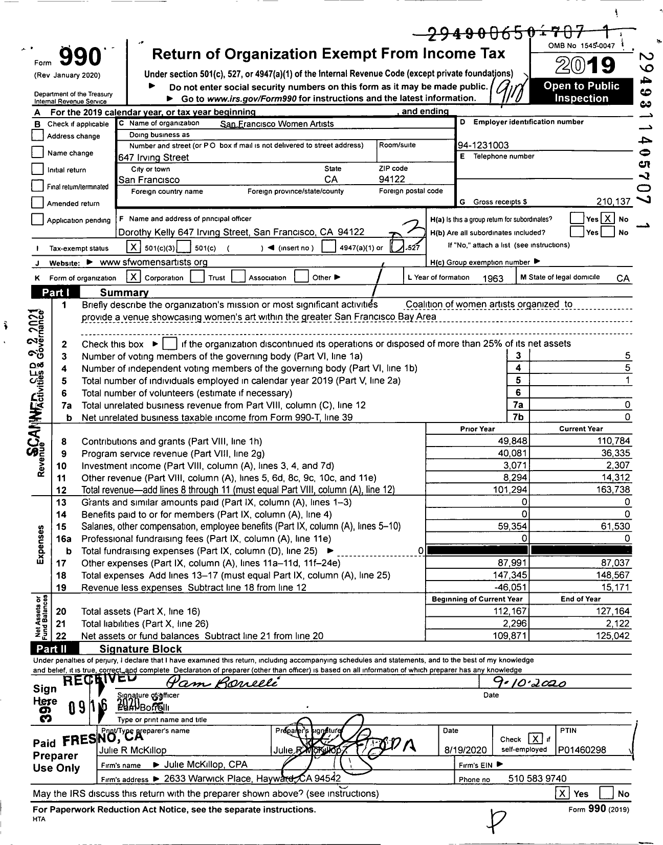 Image of first page of 2019 Form 990 for San Francisco Women Artists