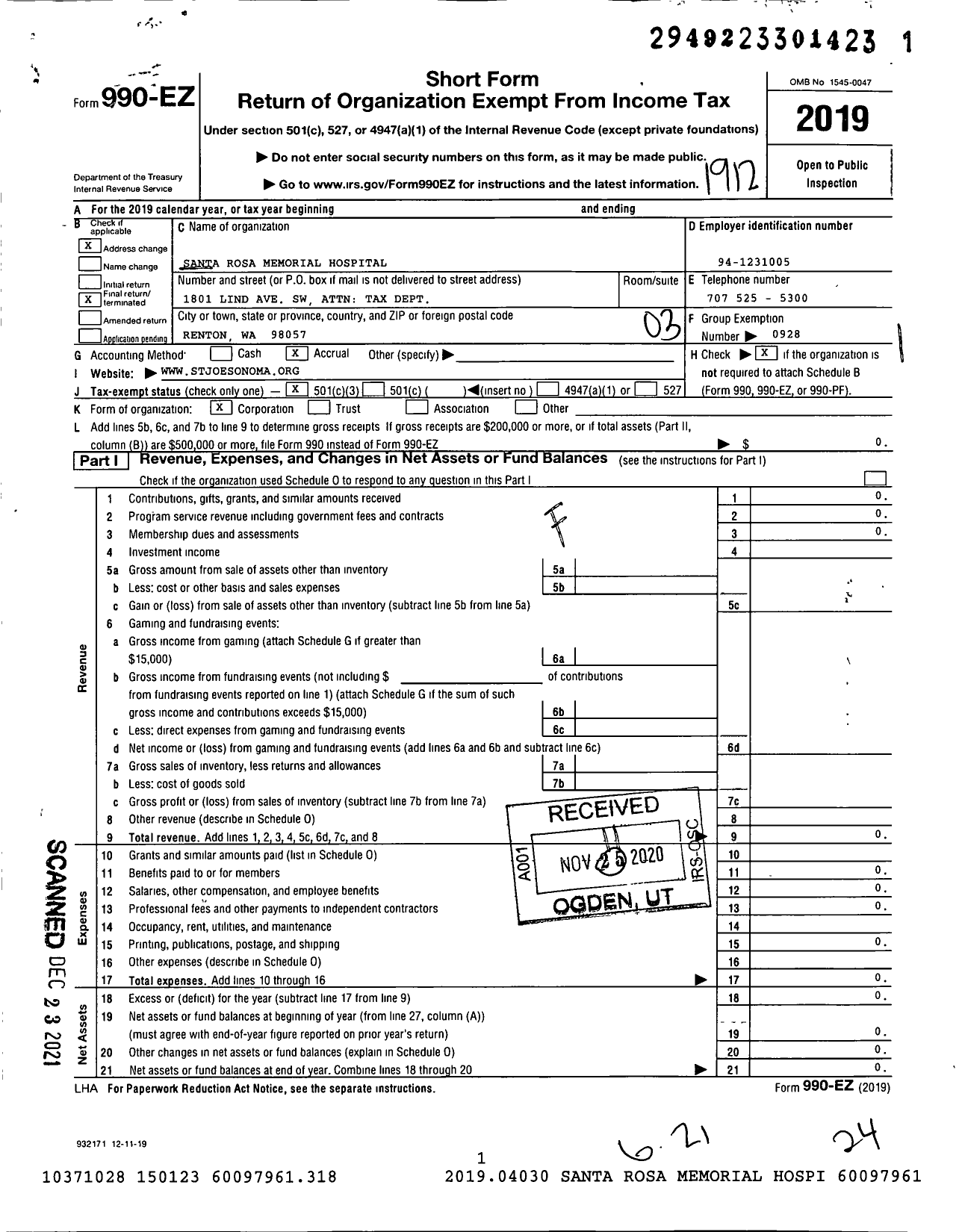 Image of first page of 2019 Form 990EZ for Santa Rosa Memorial Hospital