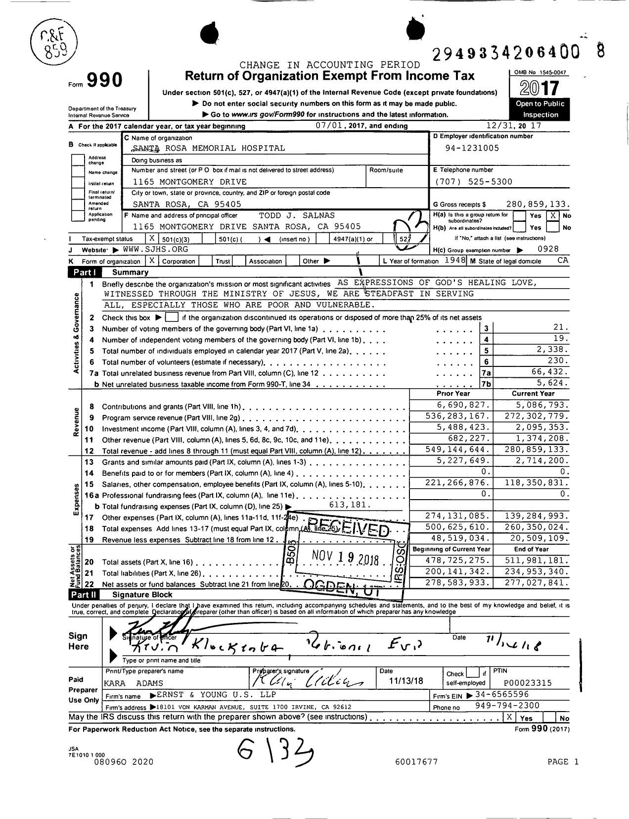 Image of first page of 2017 Form 990 for Santa Rosa Memorial Hospital