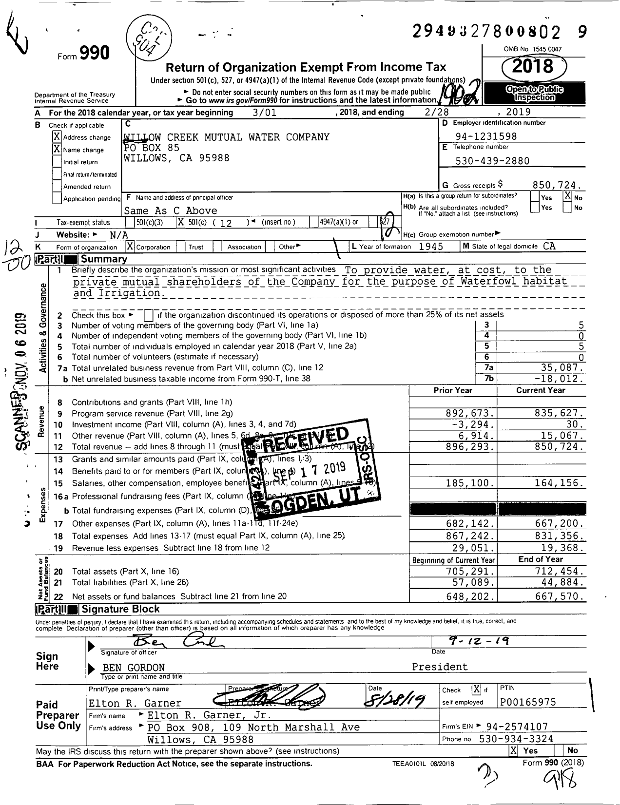 Image of first page of 2018 Form 990O for Willow Creek Mutual Water Company