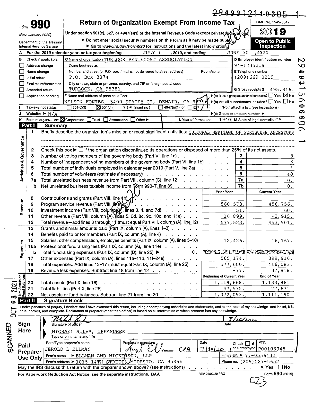 Image of first page of 2019 Form 990O for Turlock Pentecost Association