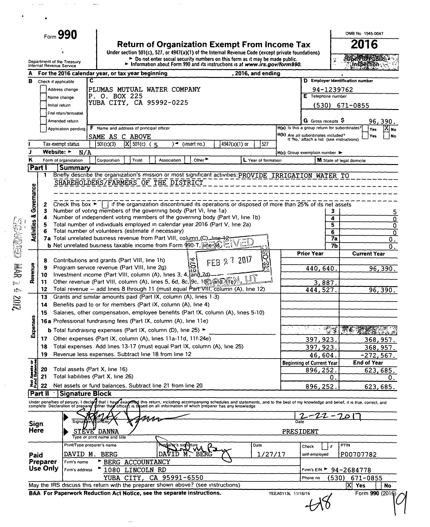 Image of first page of 2016 Form 990O for Plumas Mutual Water Company