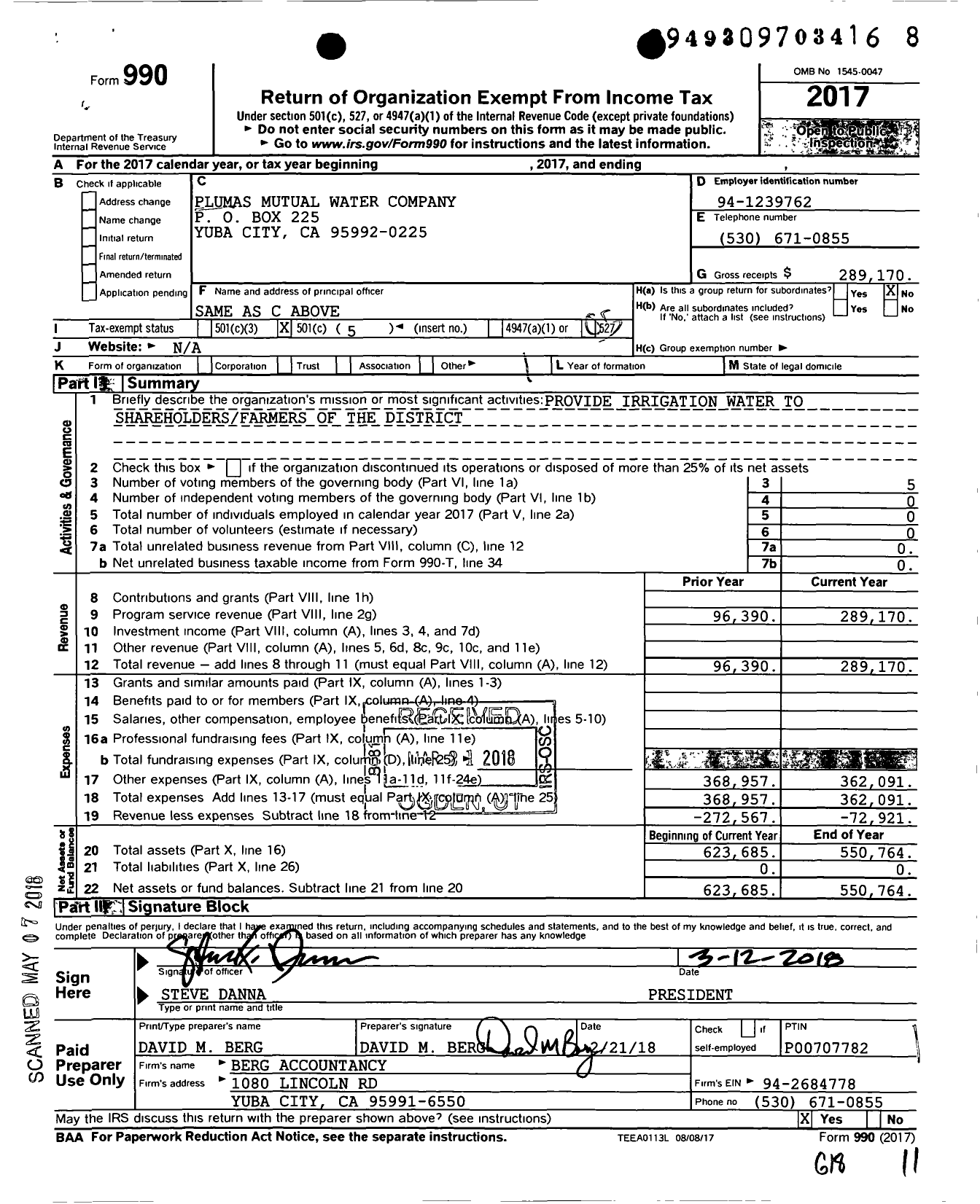 Image of first page of 2017 Form 990O for Plumas Mutual Water Company