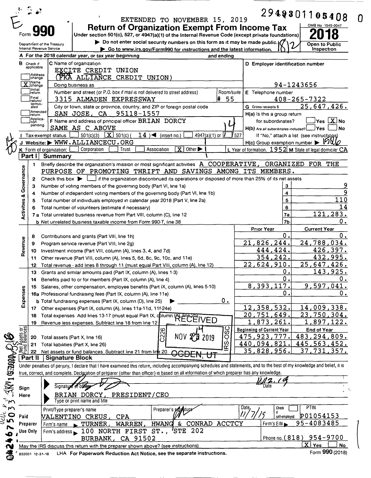 Image of first page of 2018 Form 990O for Excite Credit Union