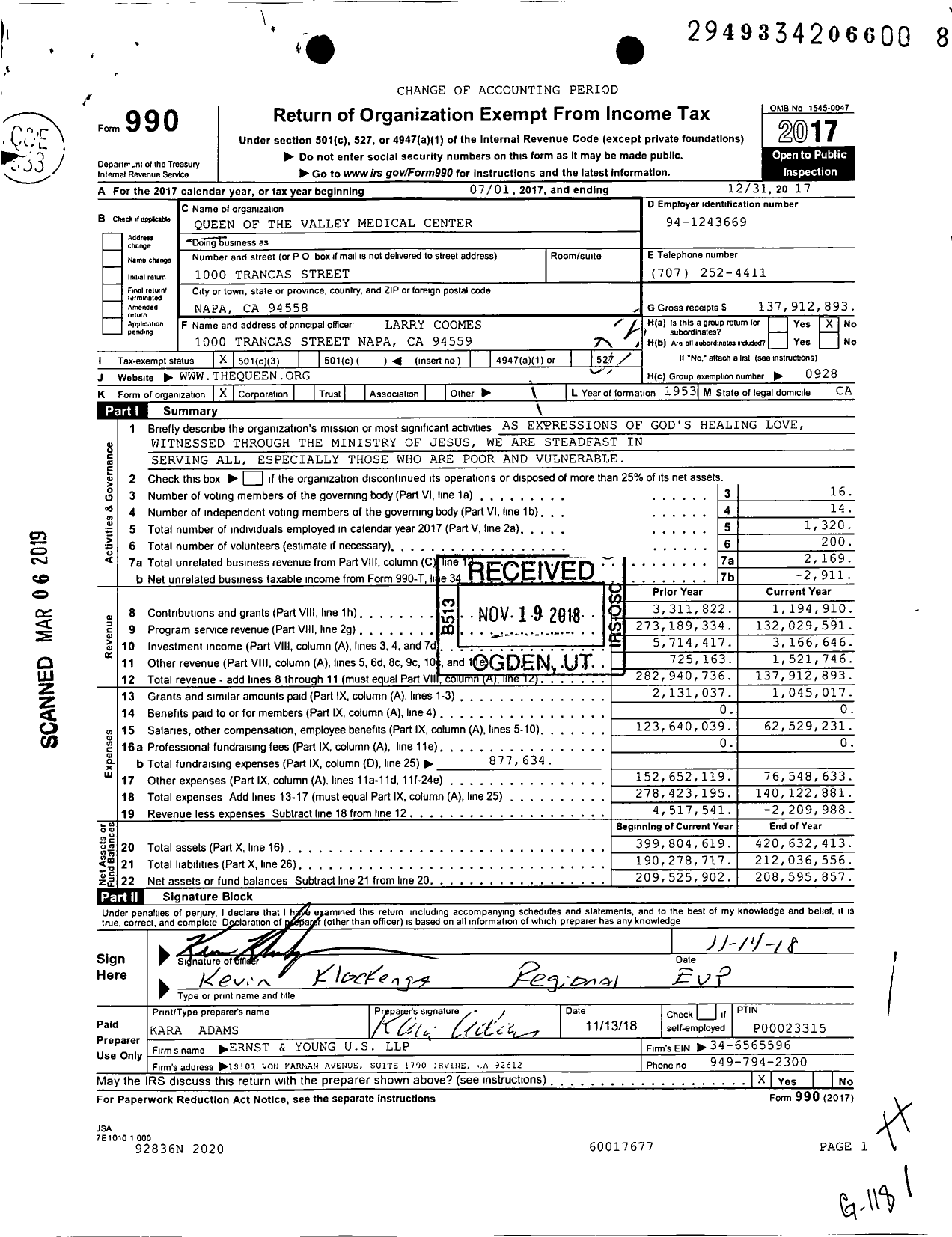 Image of first page of 2017 Form 990 for Queen of the Valley Medical Center