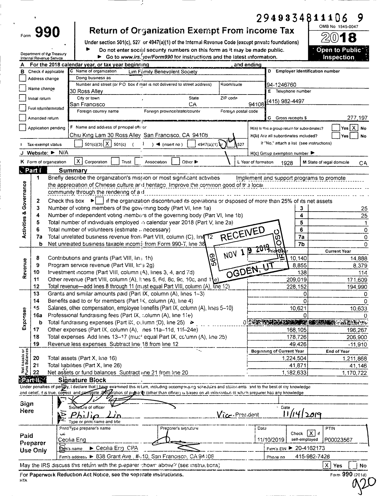 Image of first page of 2018 Form 990O for Lim Family Benevolent Society