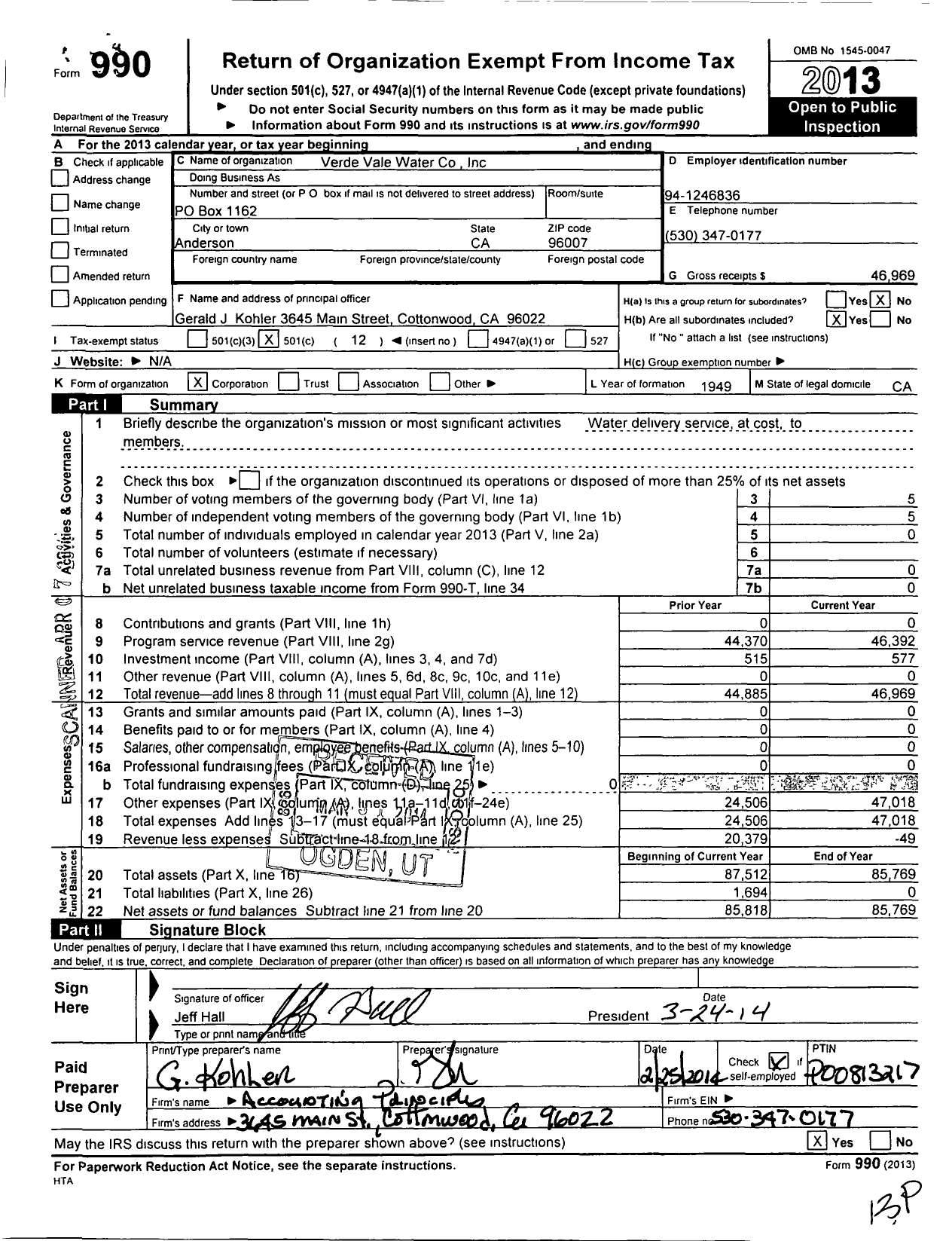 Image of first page of 2013 Form 990O for Verde Vale Water Company