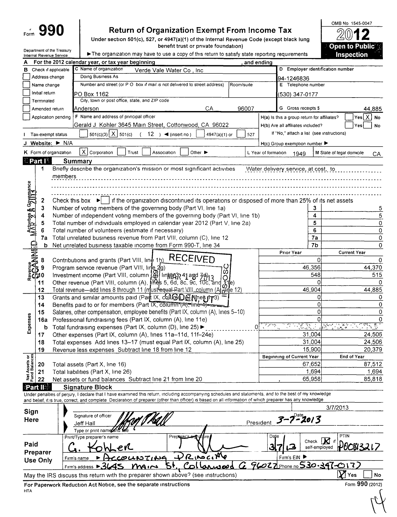 Image of first page of 2012 Form 990O for Verde Vale Water Company