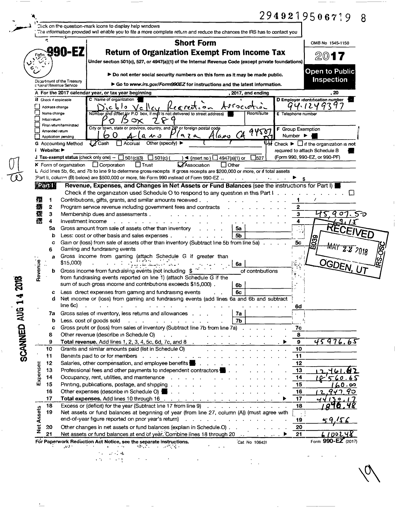 Image of first page of 2017 Form 990EO for Diablo Valley Recreation Association