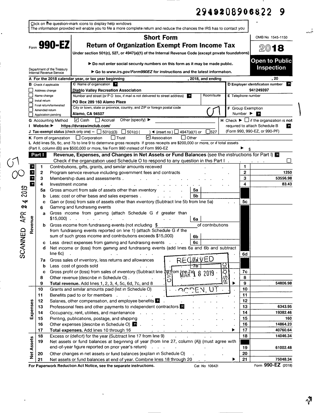 Image of first page of 2018 Form 990EO for Diablo Valley Recreation Association