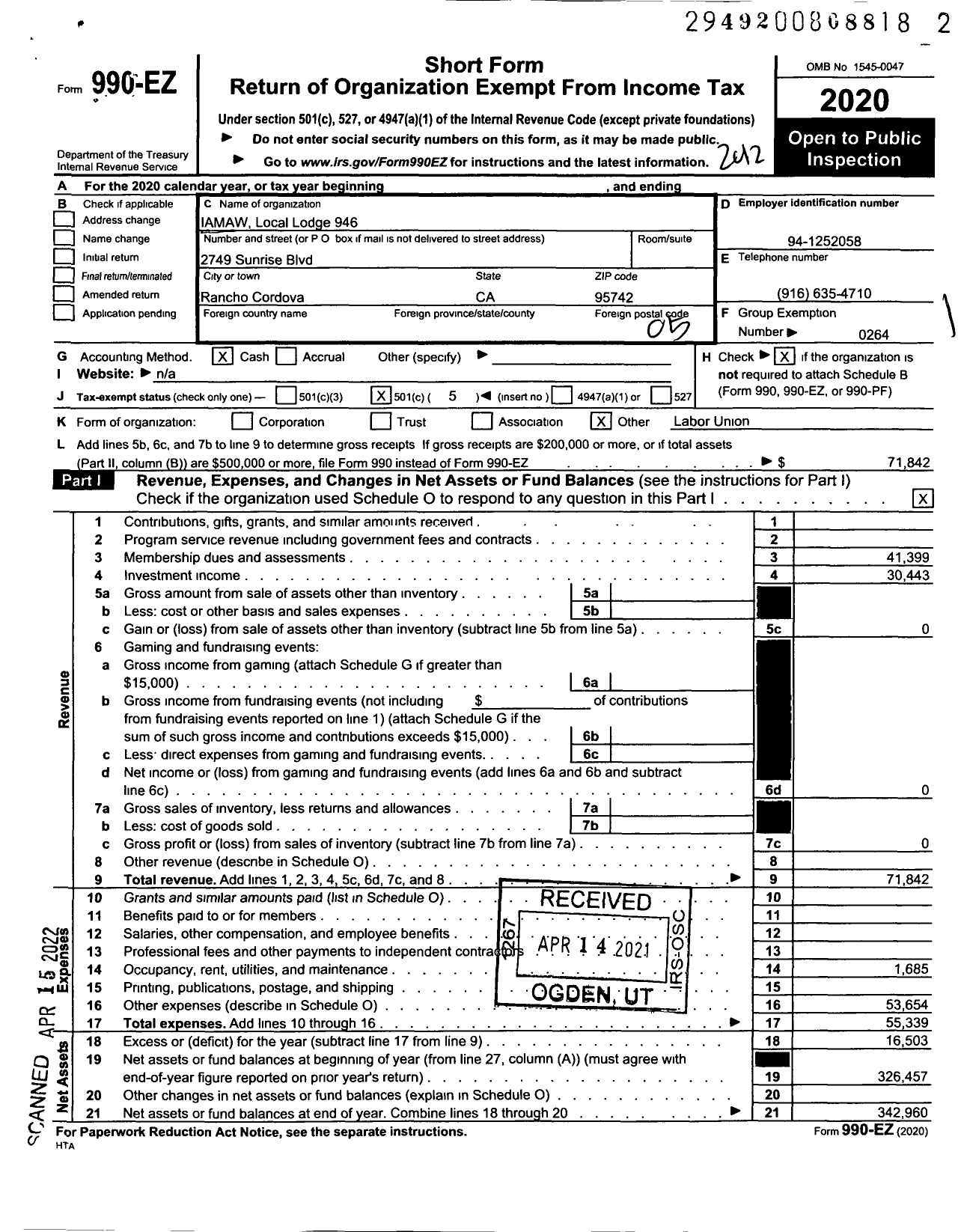 Image of first page of 2020 Form 990EO for International Association of Machinists and Aerospace Workers - 946 Local Lodge Iamaw