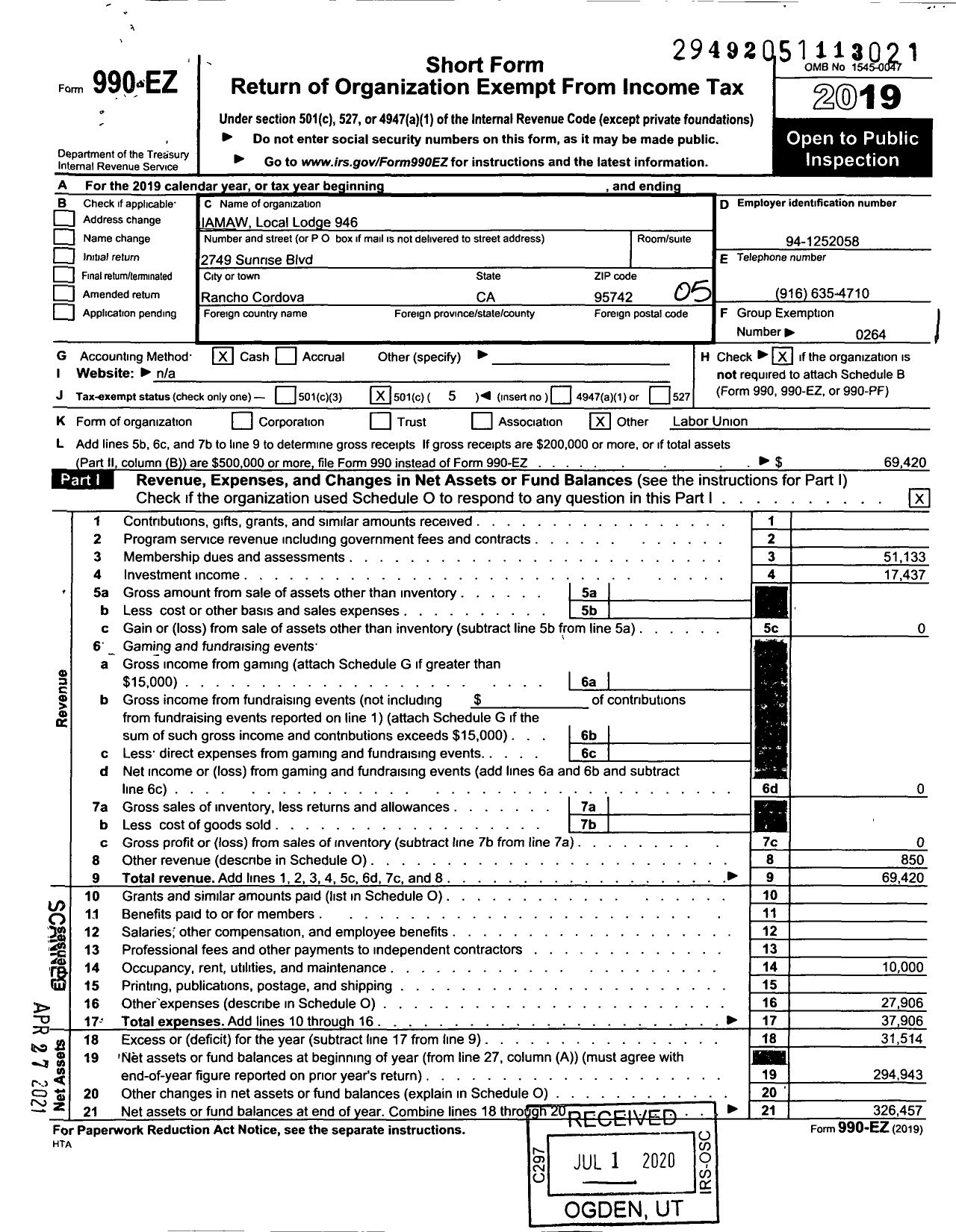 Image of first page of 2019 Form 990EO for International Association of Machinists and Aerospace Workers - 946 Local Lodge Iamaw