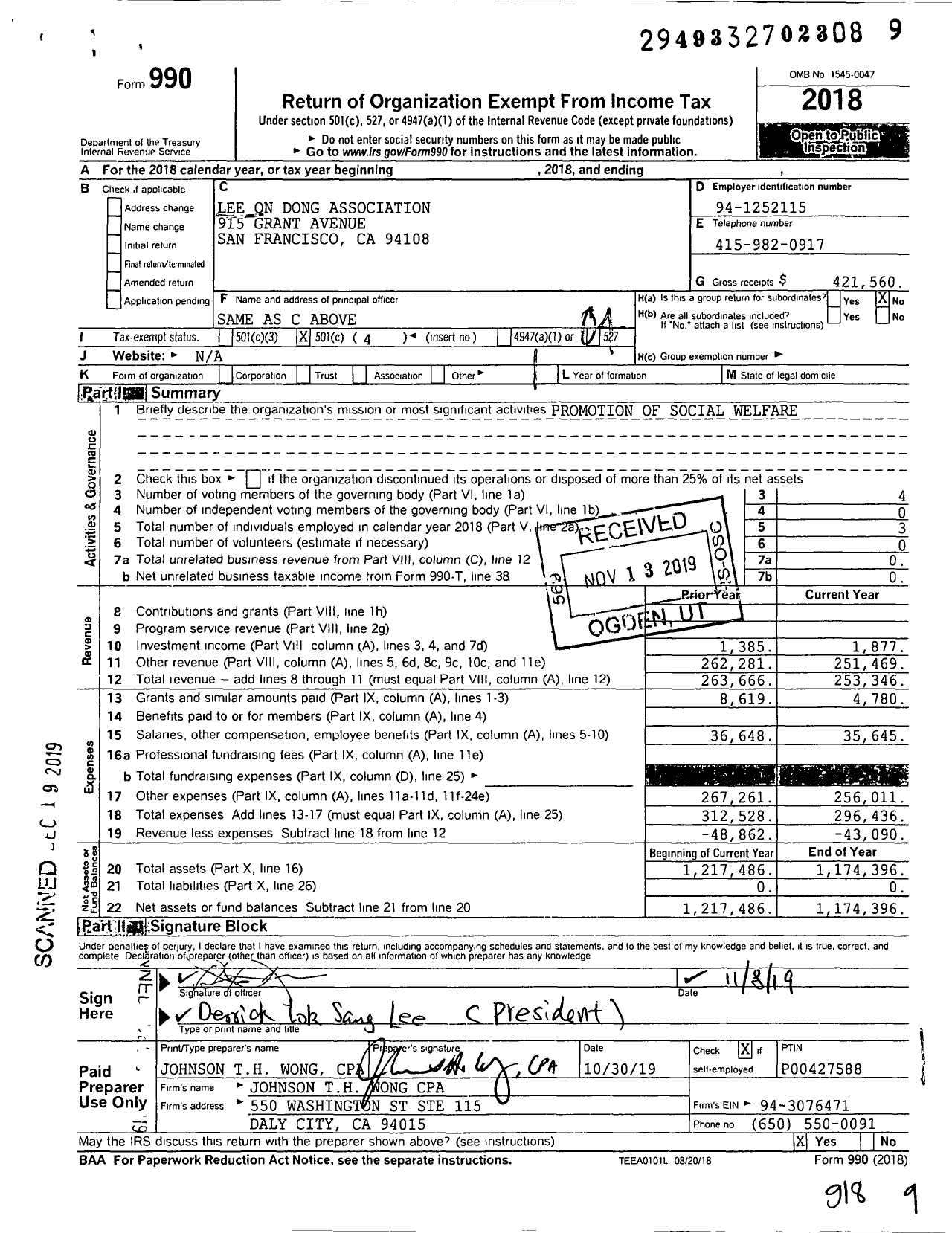 Image of first page of 2018 Form 990O for Lee On Dong Association