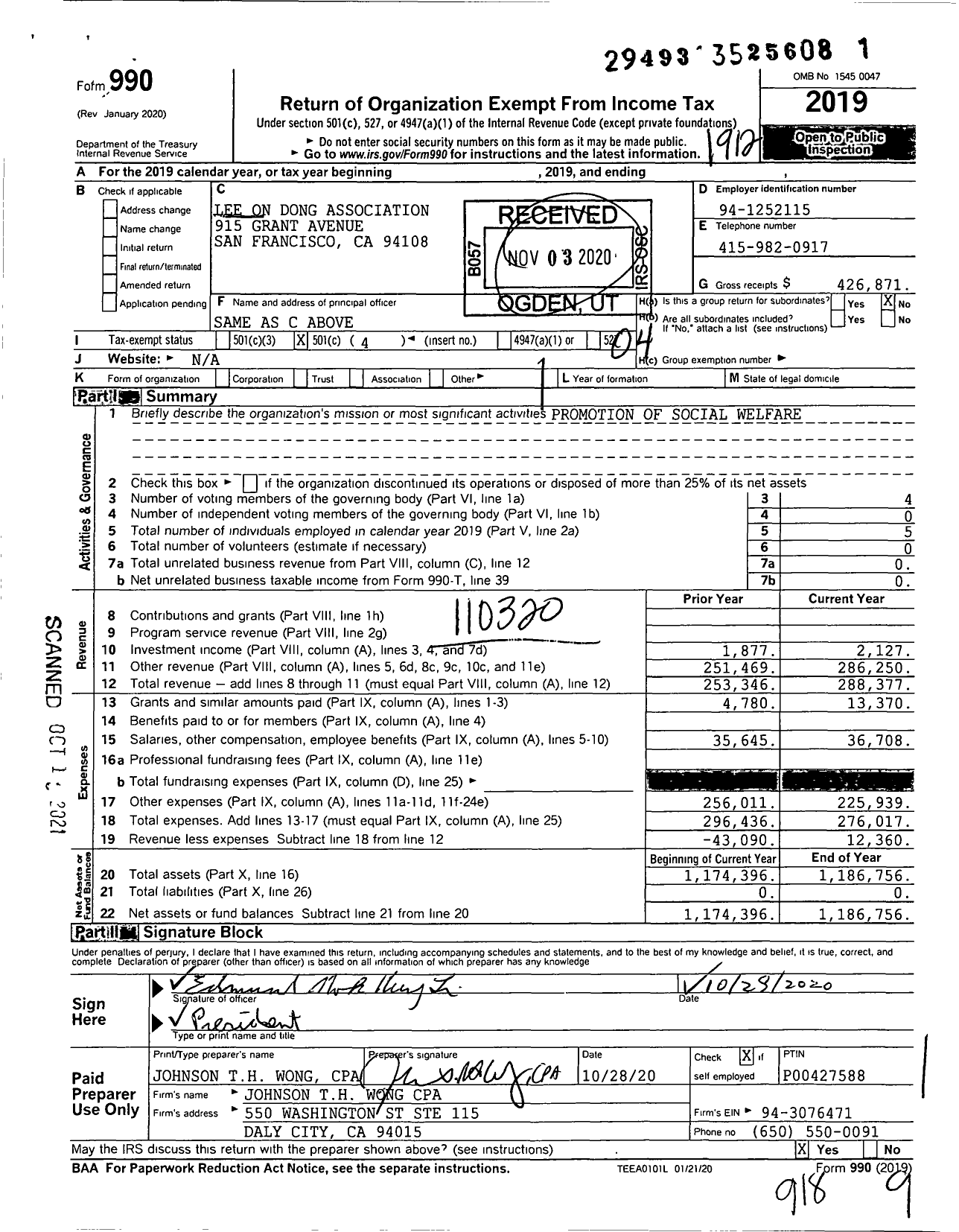 Image of first page of 2019 Form 990O for Lee On Dong Association