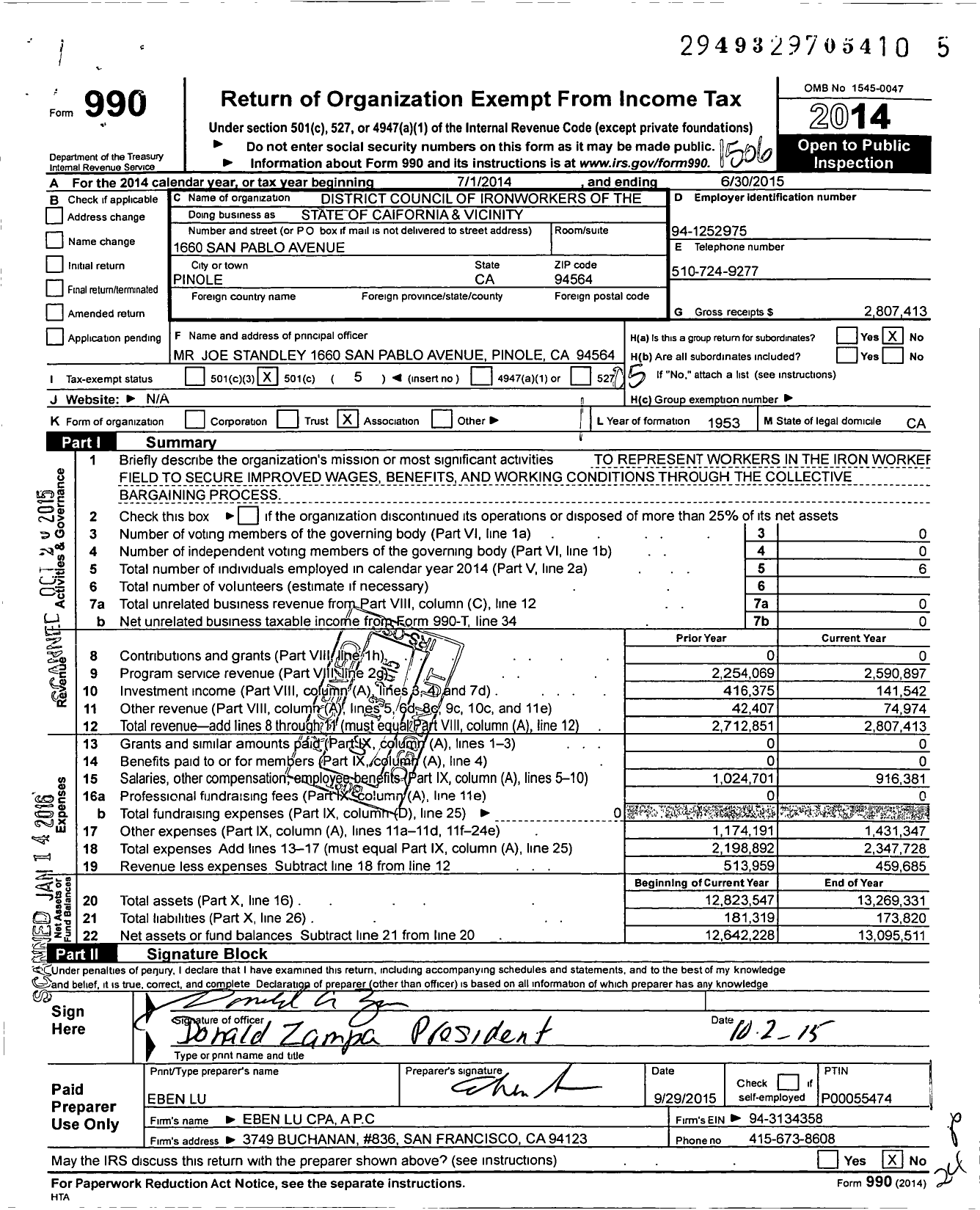 Image of first page of 2014 Form 990O for State of Caifornia and Vicinity