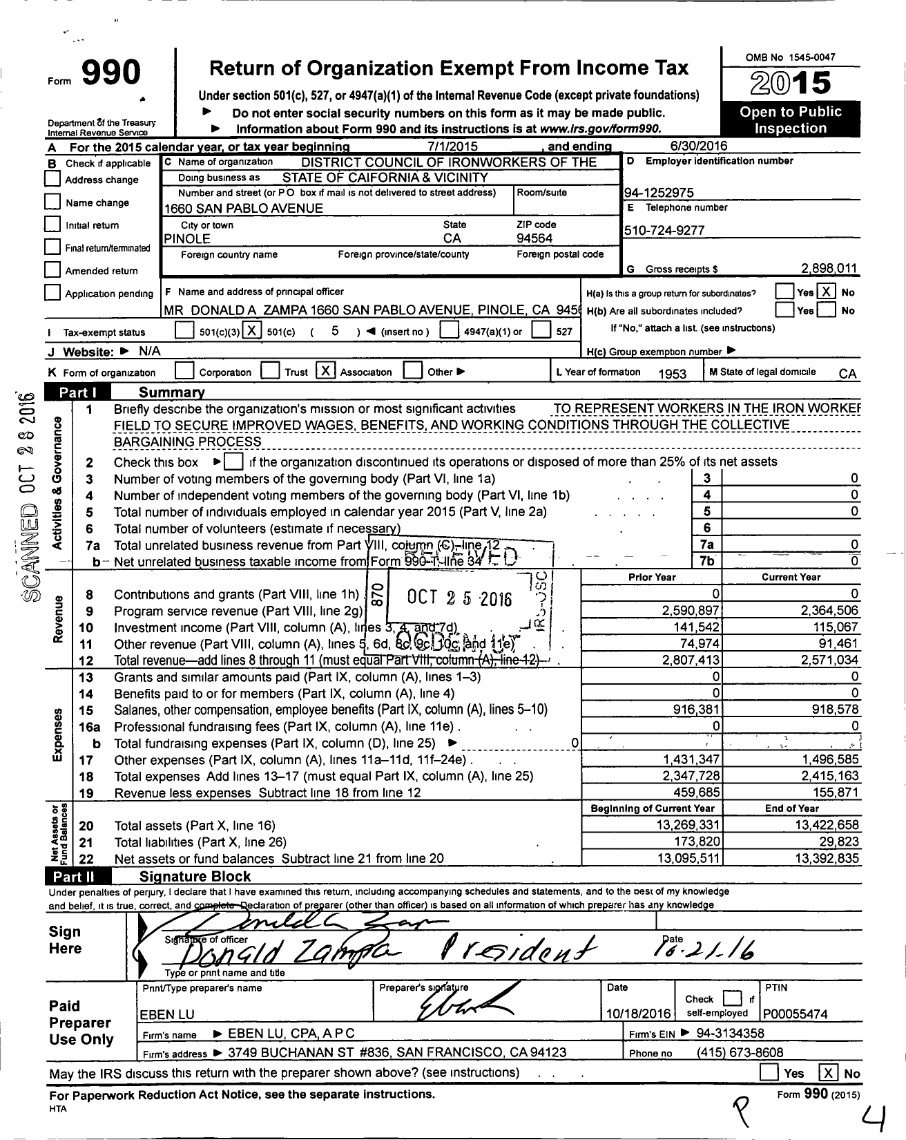 Image of first page of 2015 Form 990O for State of Caifornia and Vicinity