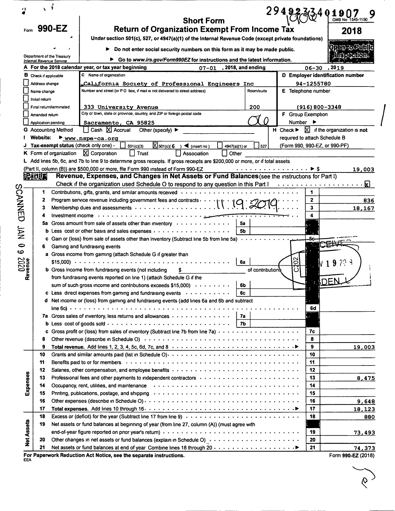 Image of first page of 2018 Form 990EO for California Society of Professional Engineers