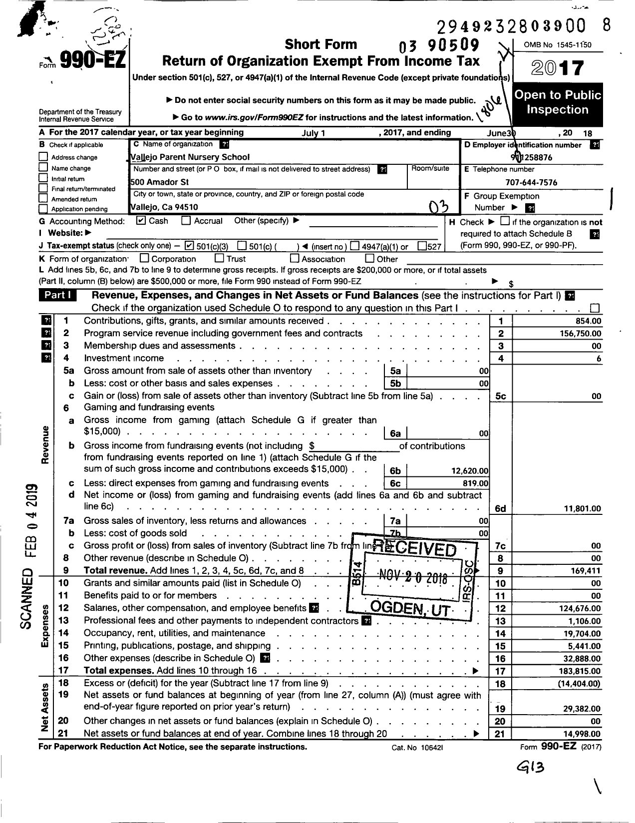 Image of first page of 2017 Form 990EZ for Vallejo Parent Nursery School