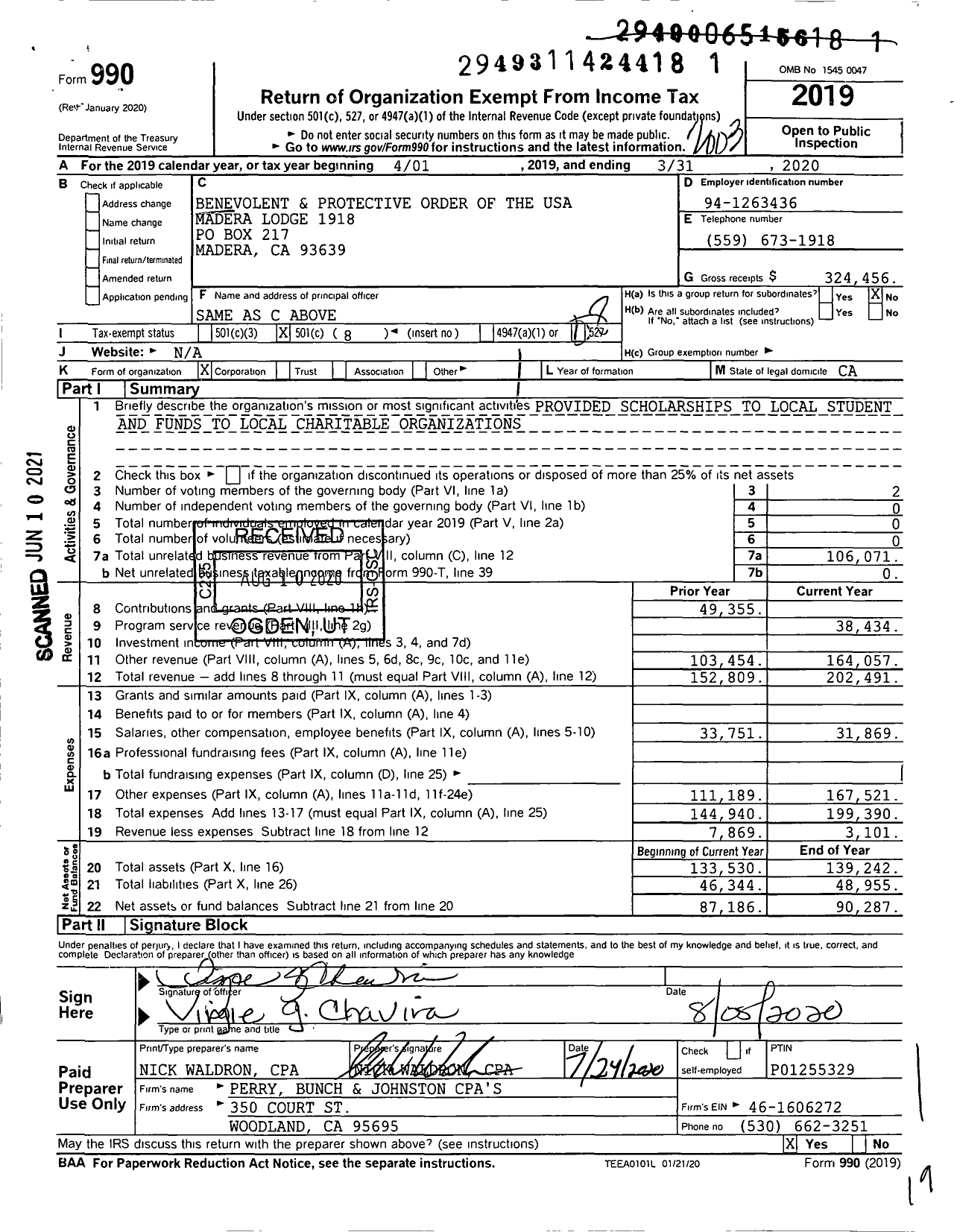 Image of first page of 2019 Form 990O for Benevolent and Protective Order of Elks - 1918 Madera