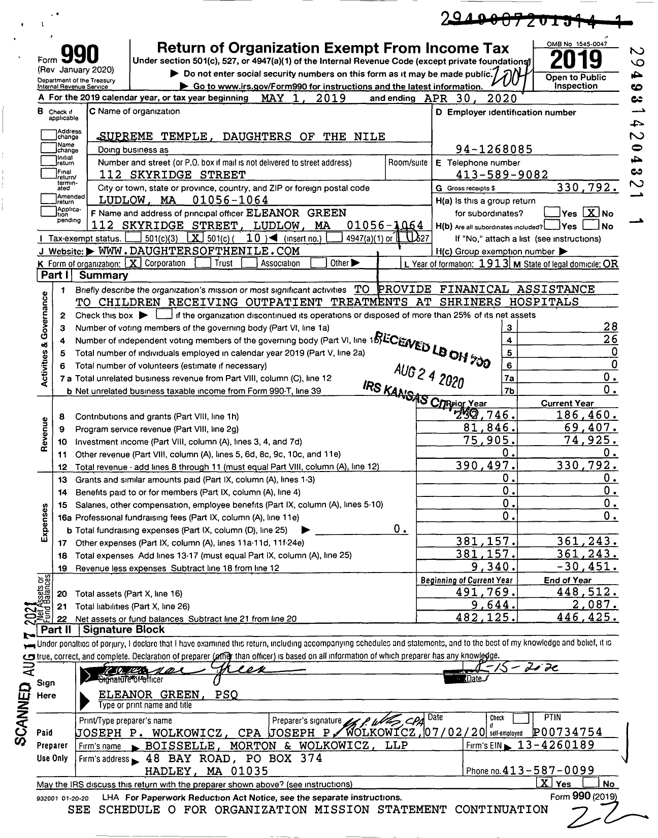 Image of first page of 2019 Form 990O for Supreme Temple Daughters of the Nile