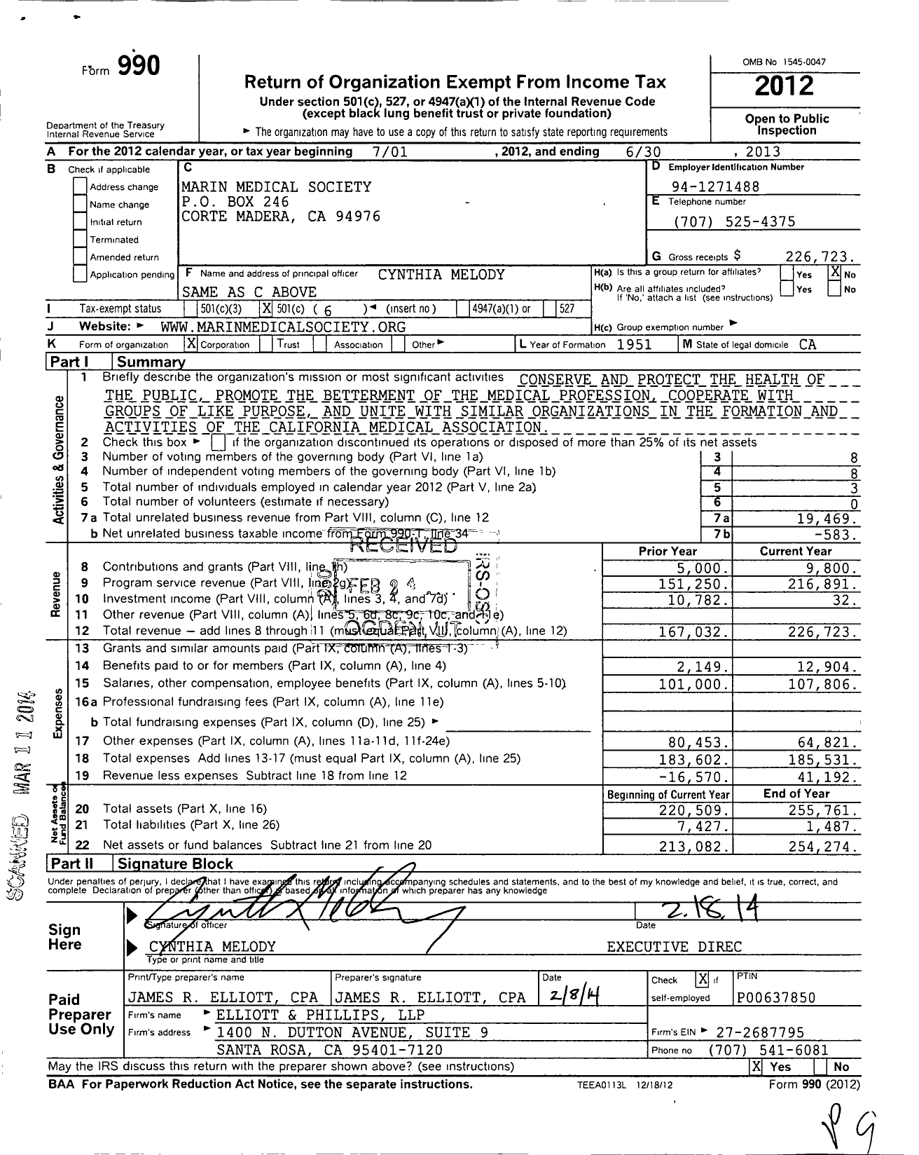 Image of first page of 2012 Form 990O for Marin Medical Society