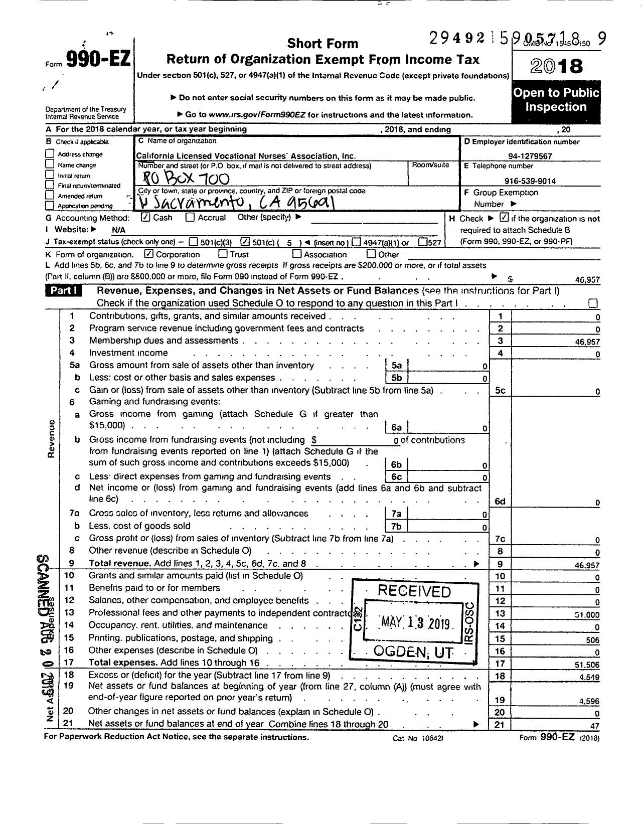 Image of first page of 2018 Form 990EO for California Licensed Vocational Nurses Association