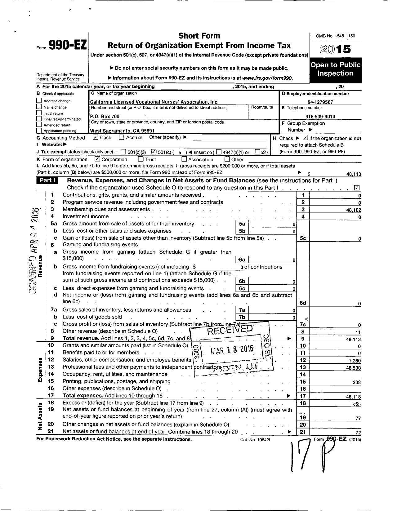 Image of first page of 2015 Form 990EO for California Licensed Vocational Nurses Association
