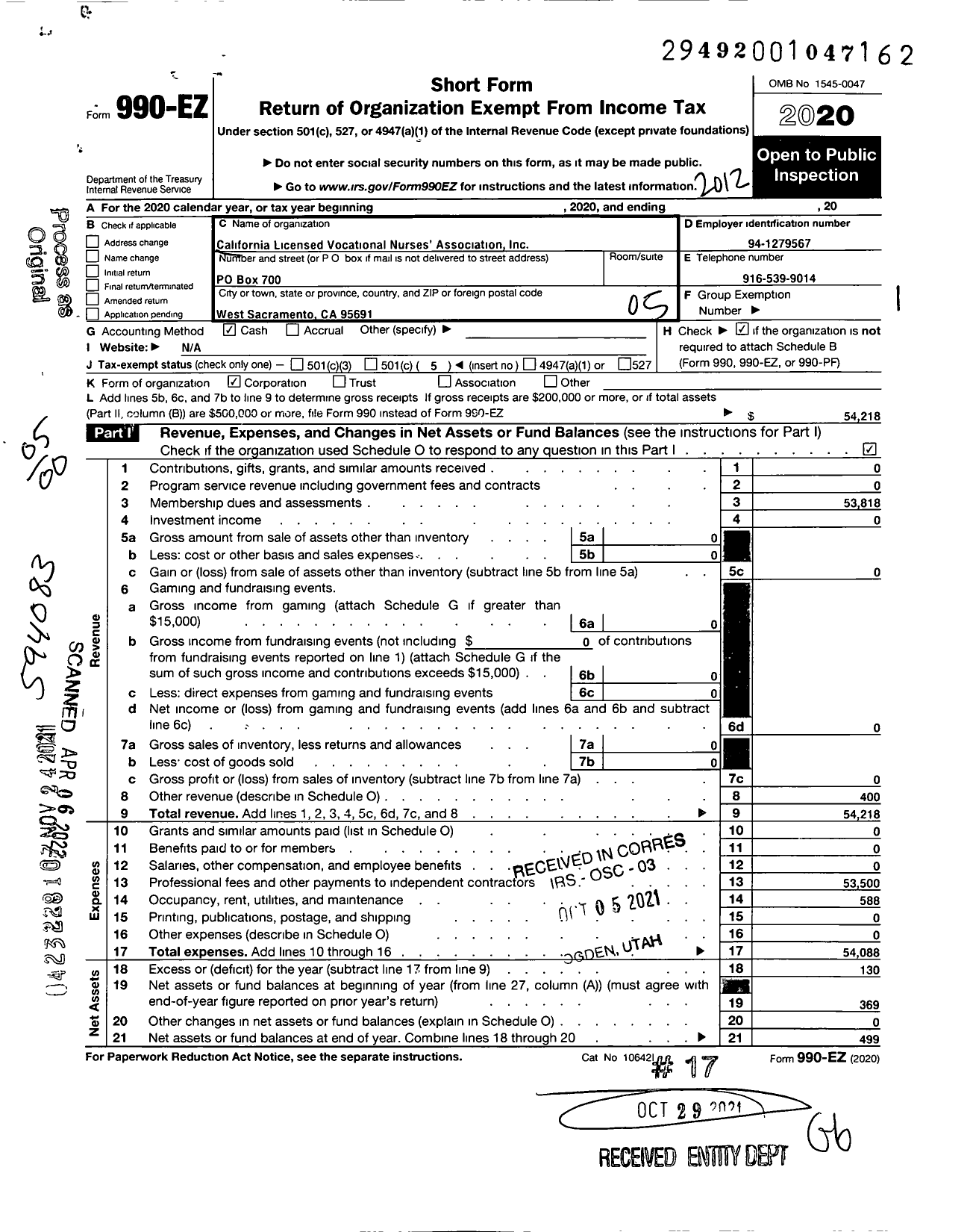 Image of first page of 2020 Form 990EO for California Licensed Vocational Nurses Association