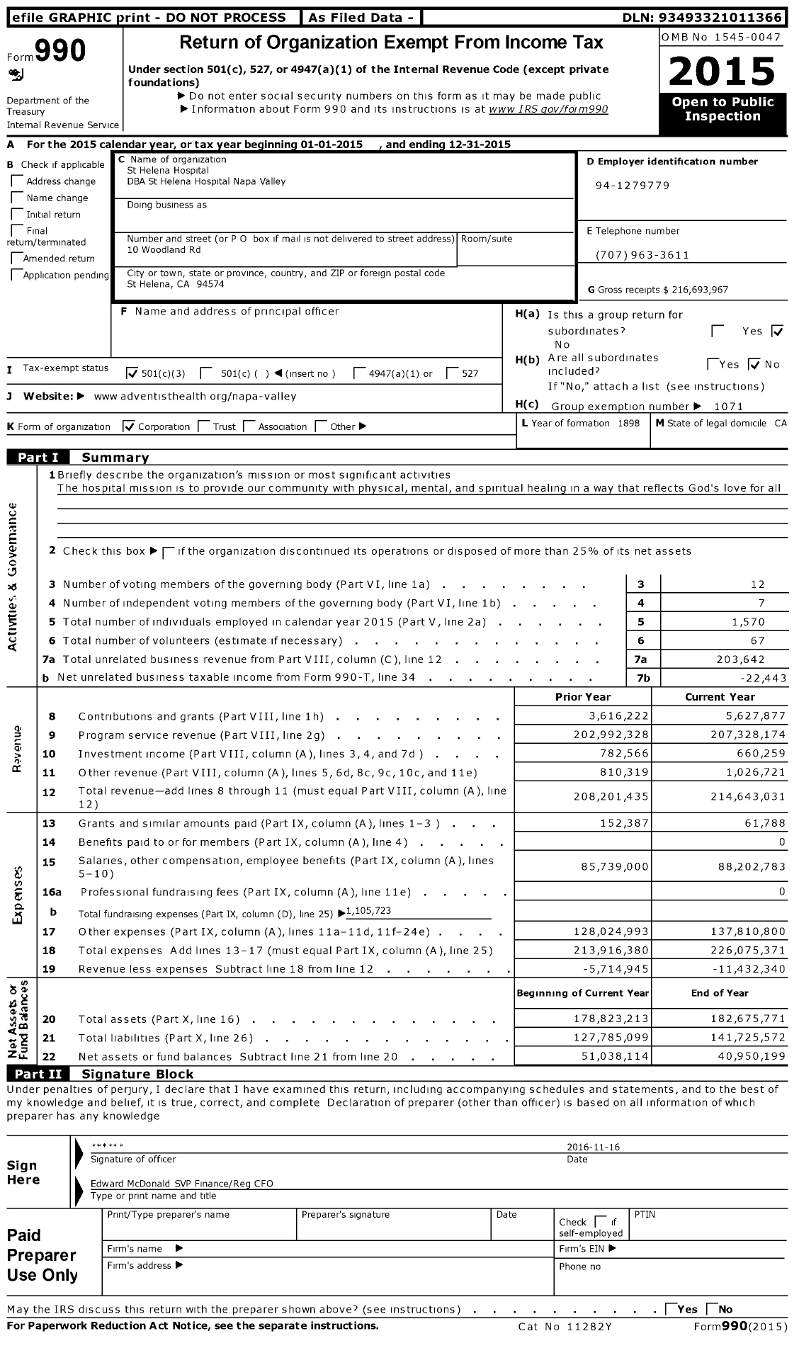 Image of first page of 2015 Form 990 for Adventist Health St Helena