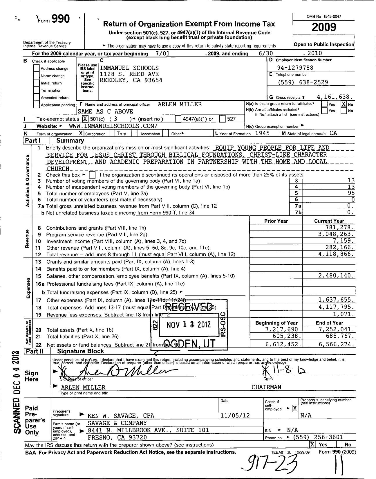 Image of first page of 2009 Form 990 for Immanuel Schools