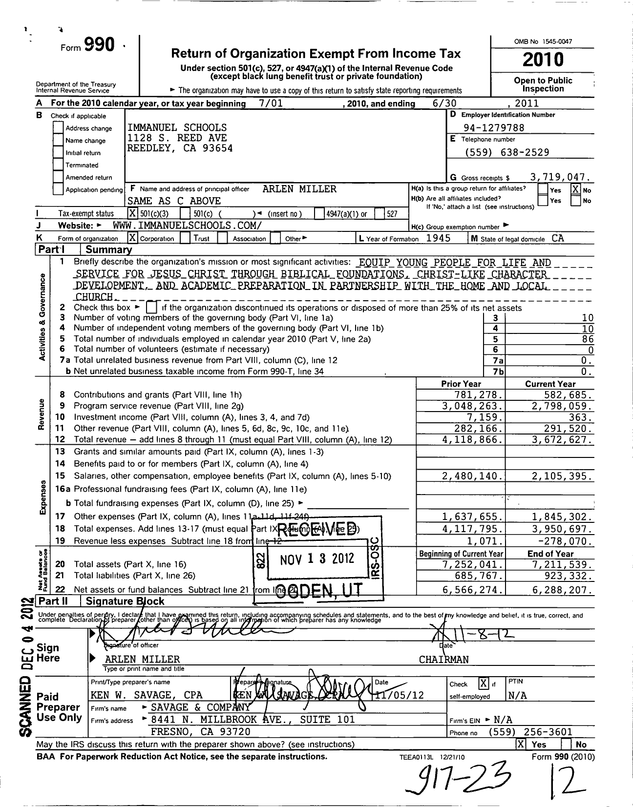 Image of first page of 2010 Form 990 for Immanuel Schools