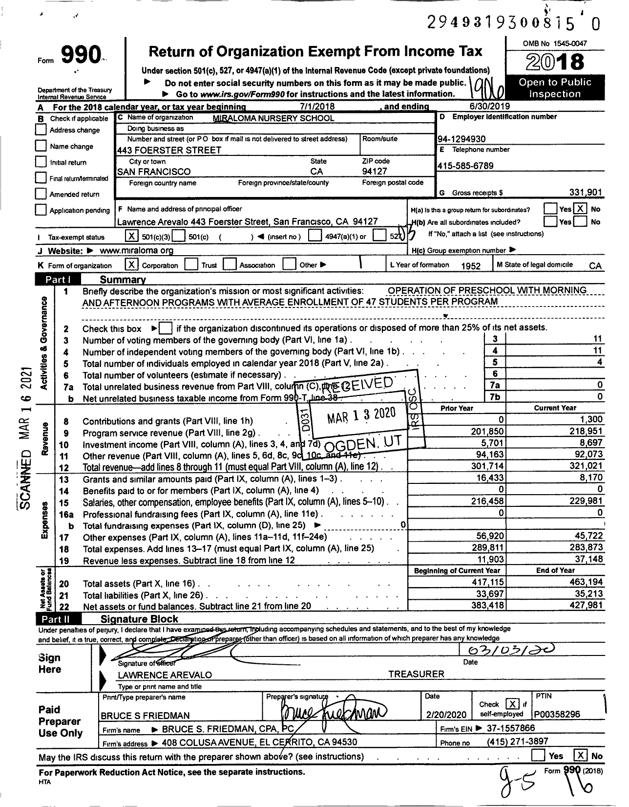 Image of first page of 2018 Form 990 for Miraloma Nursery School