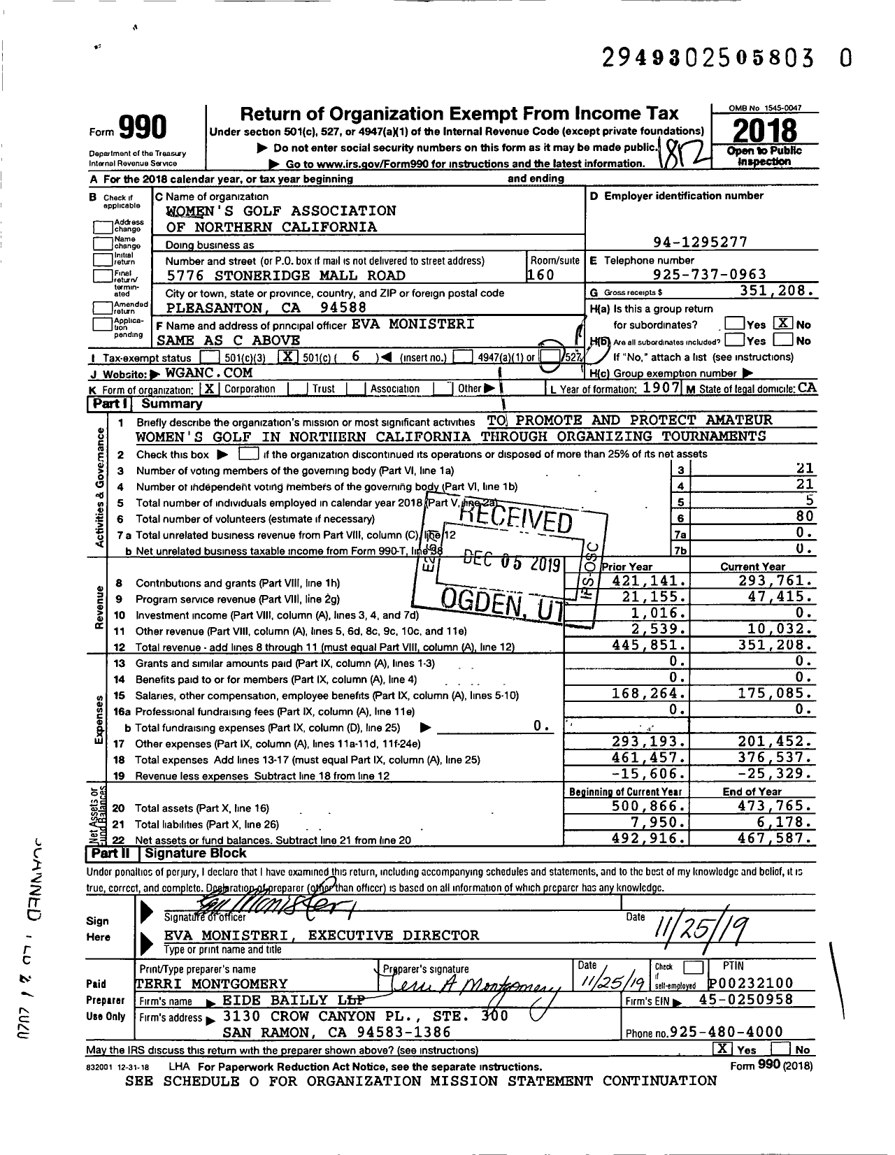 Image of first page of 2018 Form 990O for Women's Golf Association of Northern California