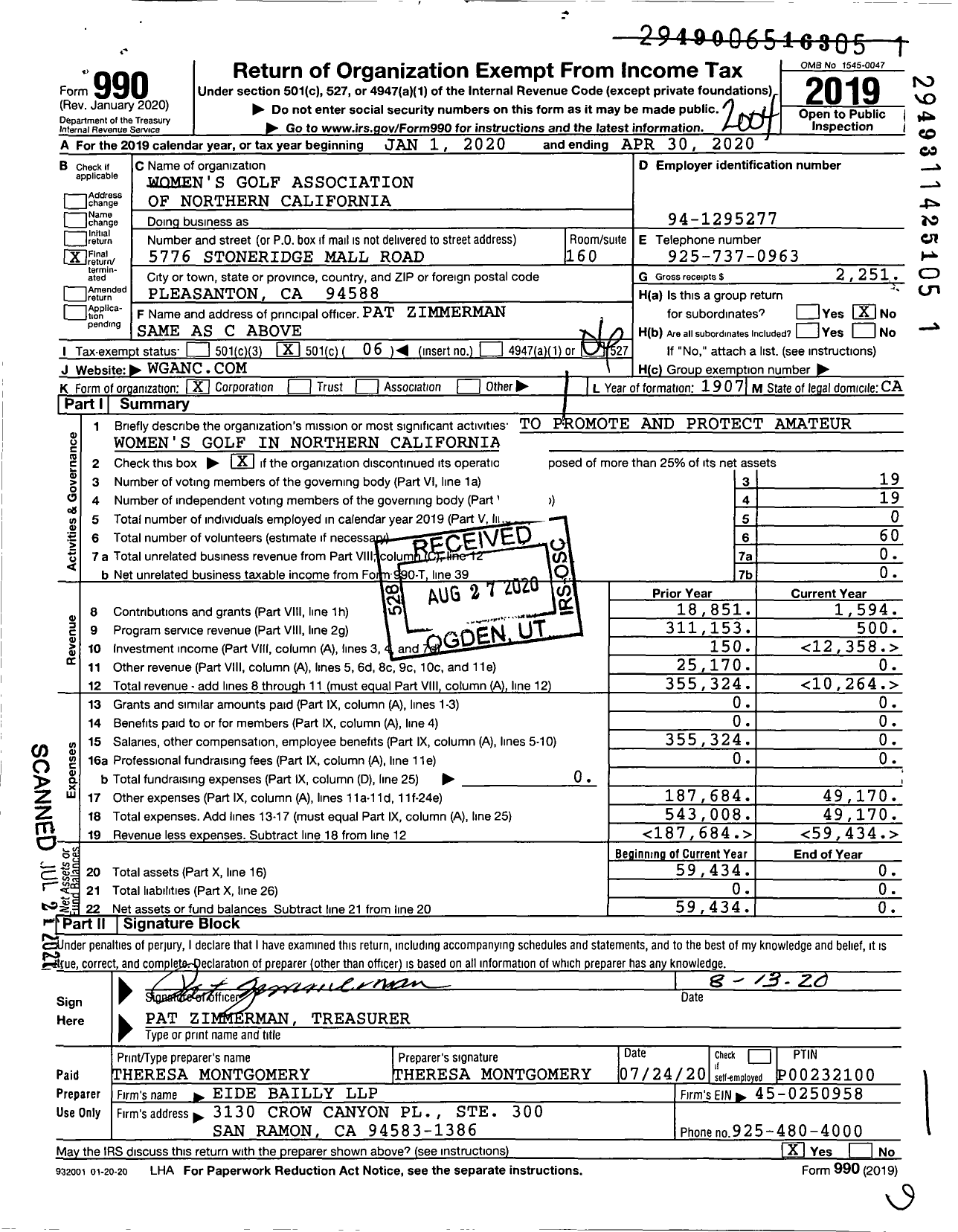 Image of first page of 2019 Form 990O for Women's Golf Association of Northern California