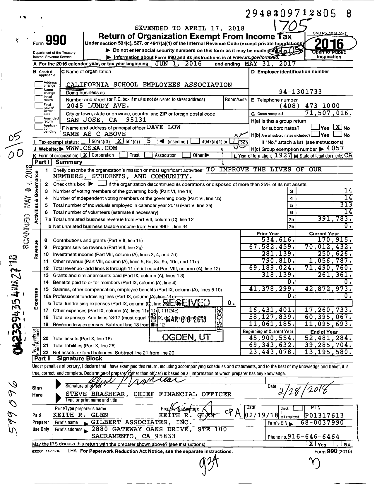 Image of first page of 2016 Form 990O for California School Employees Association