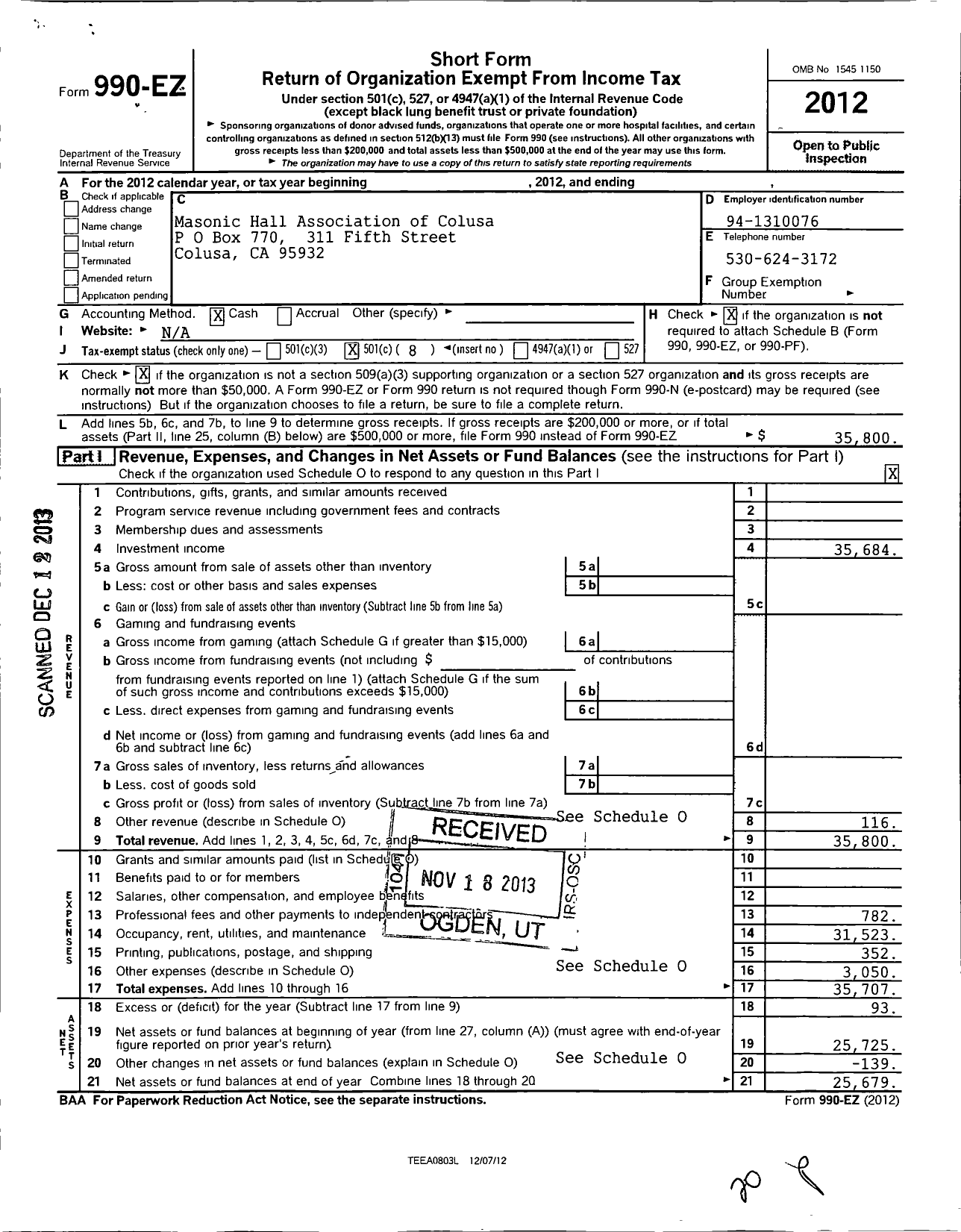 Image of first page of 2012 Form 990EO for Masonic Hall Association of Colusa