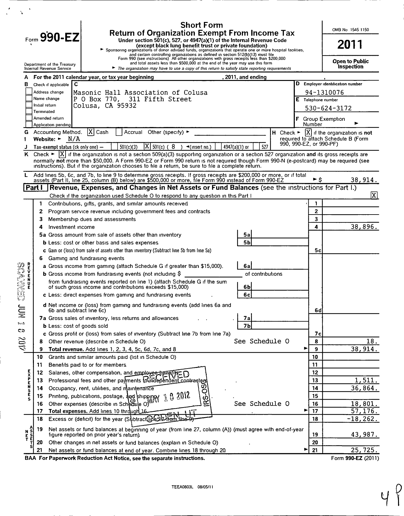 Image of first page of 2011 Form 990EO for Masonic Hall Association of Colusa