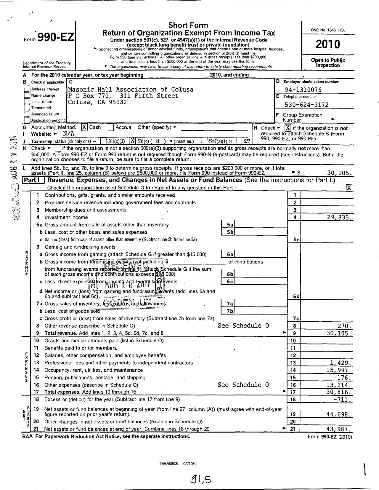 Image of first page of 2010 Form 990EO for Masonic Hall Association of Colusa