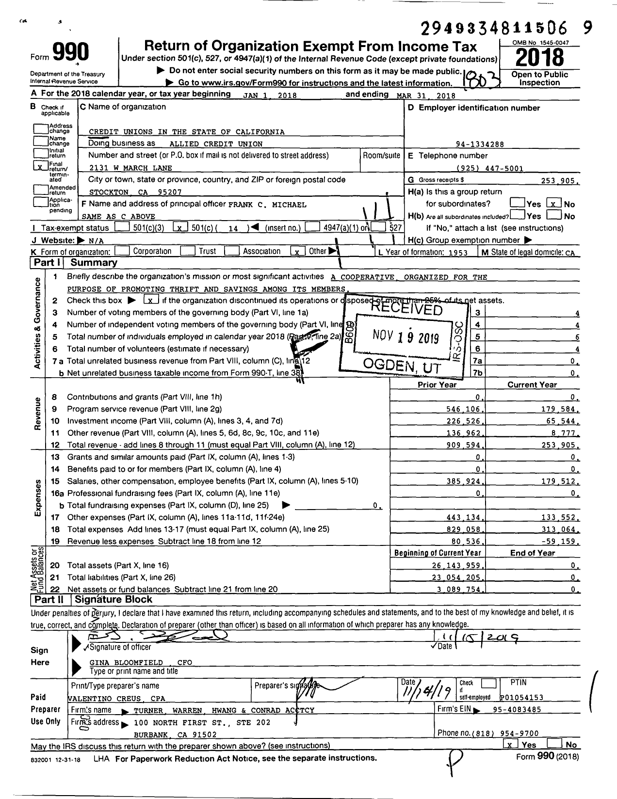 Image of first page of 2017 Form 990O for Allied Trades Credit Union