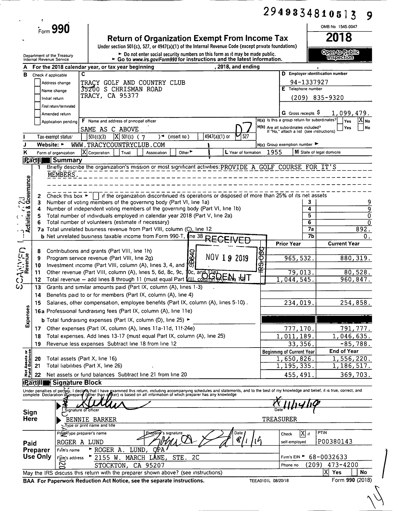 Image of first page of 2018 Form 990O for Tracy Golf and Country Club