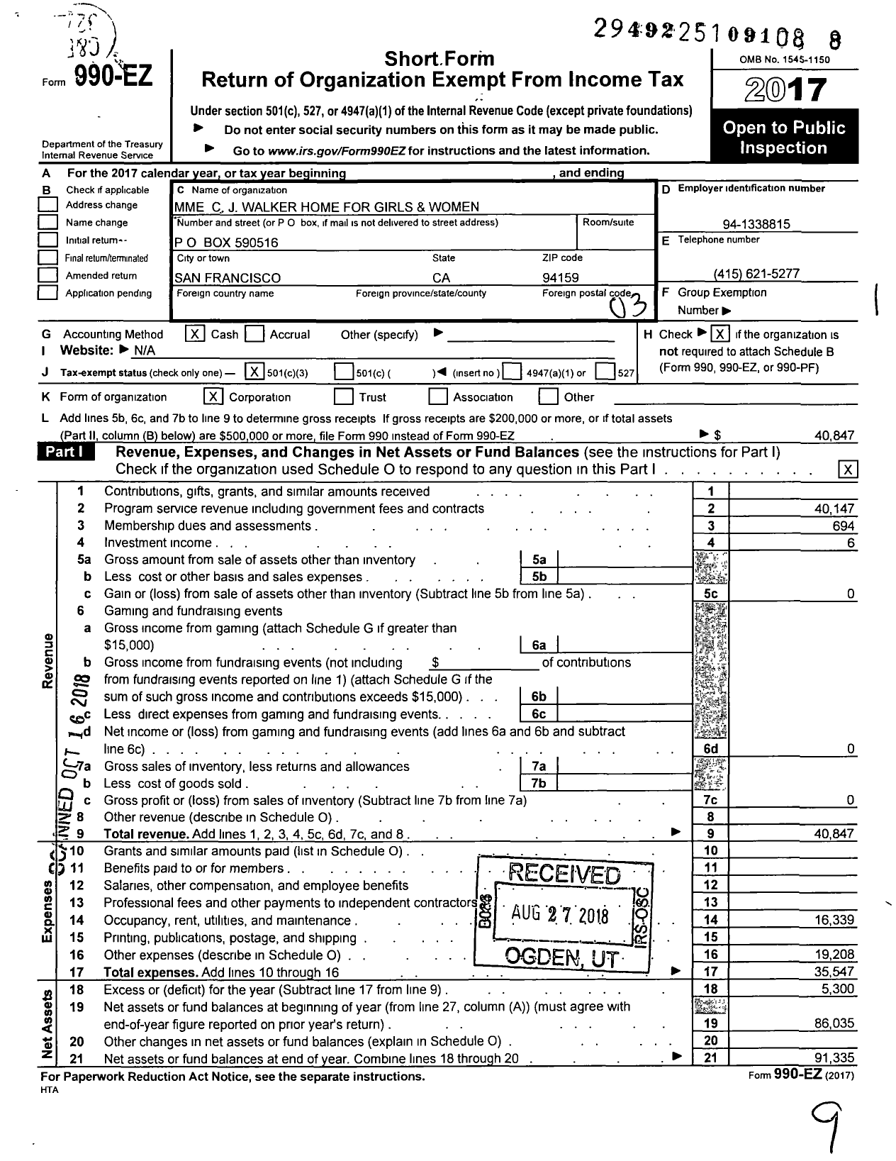 Image of first page of 2017 Form 990EZ for C J Walker Home for Girls and Women