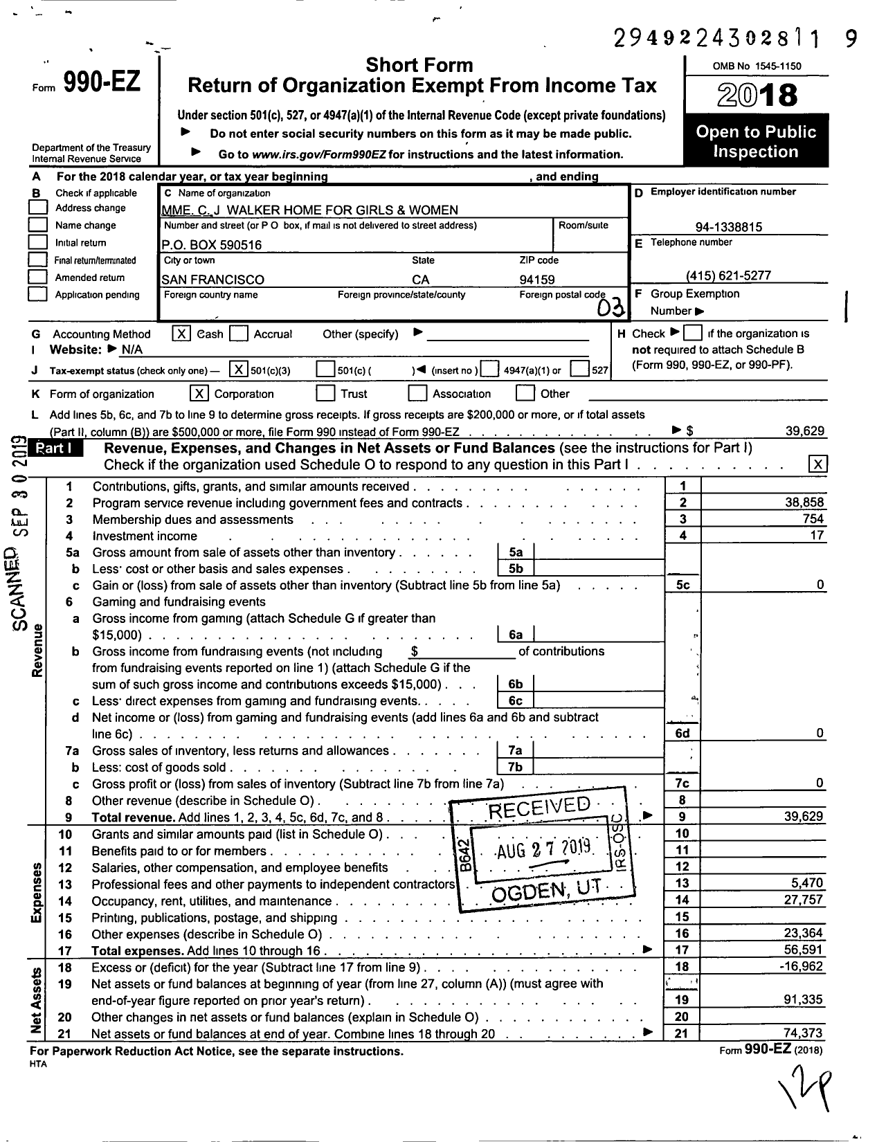 Image of first page of 2018 Form 990EZ for C J Walker Home for Girls and Women