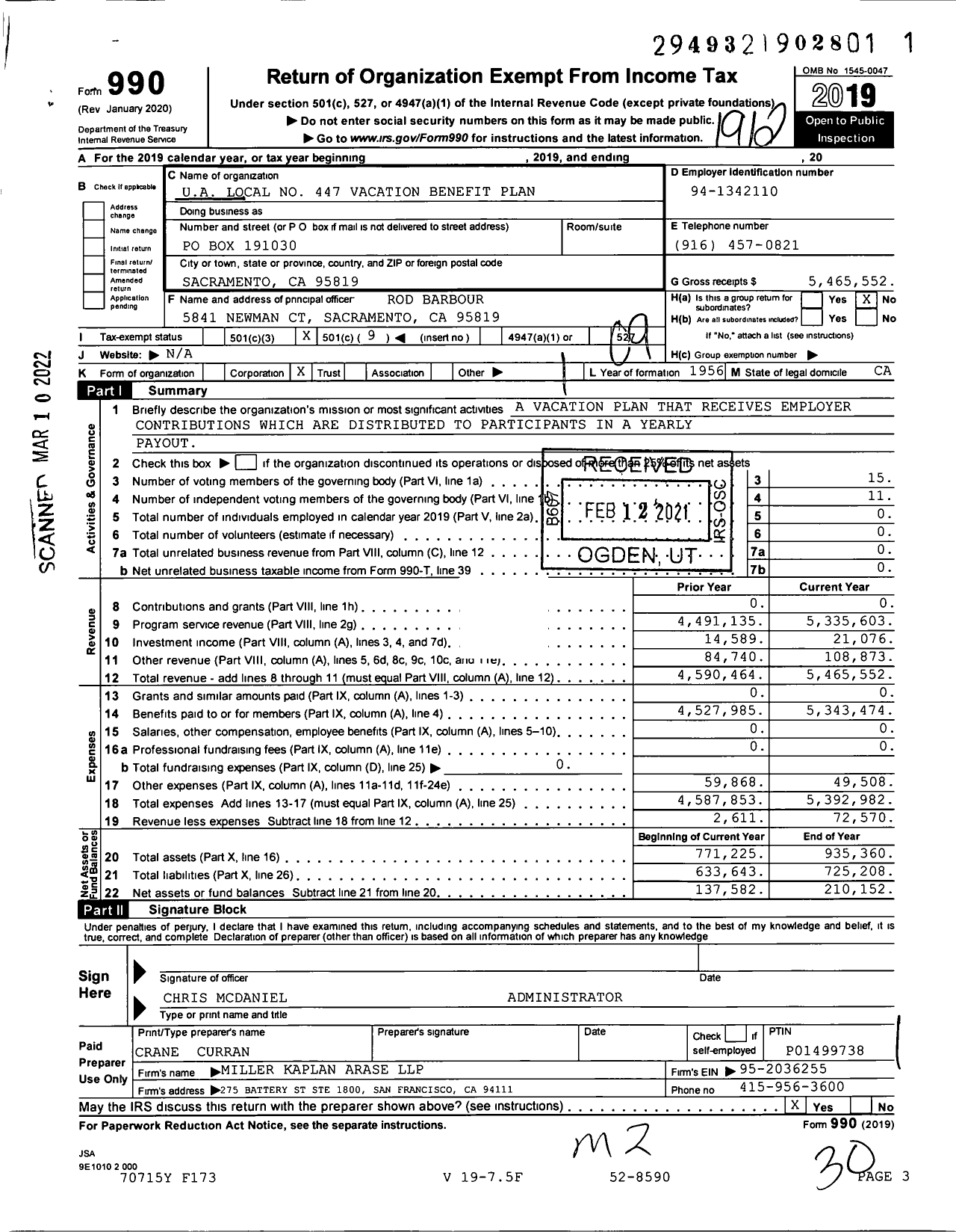 Image of first page of 2019 Form 990O for UA Local No 447 Vacation Benefit Plan