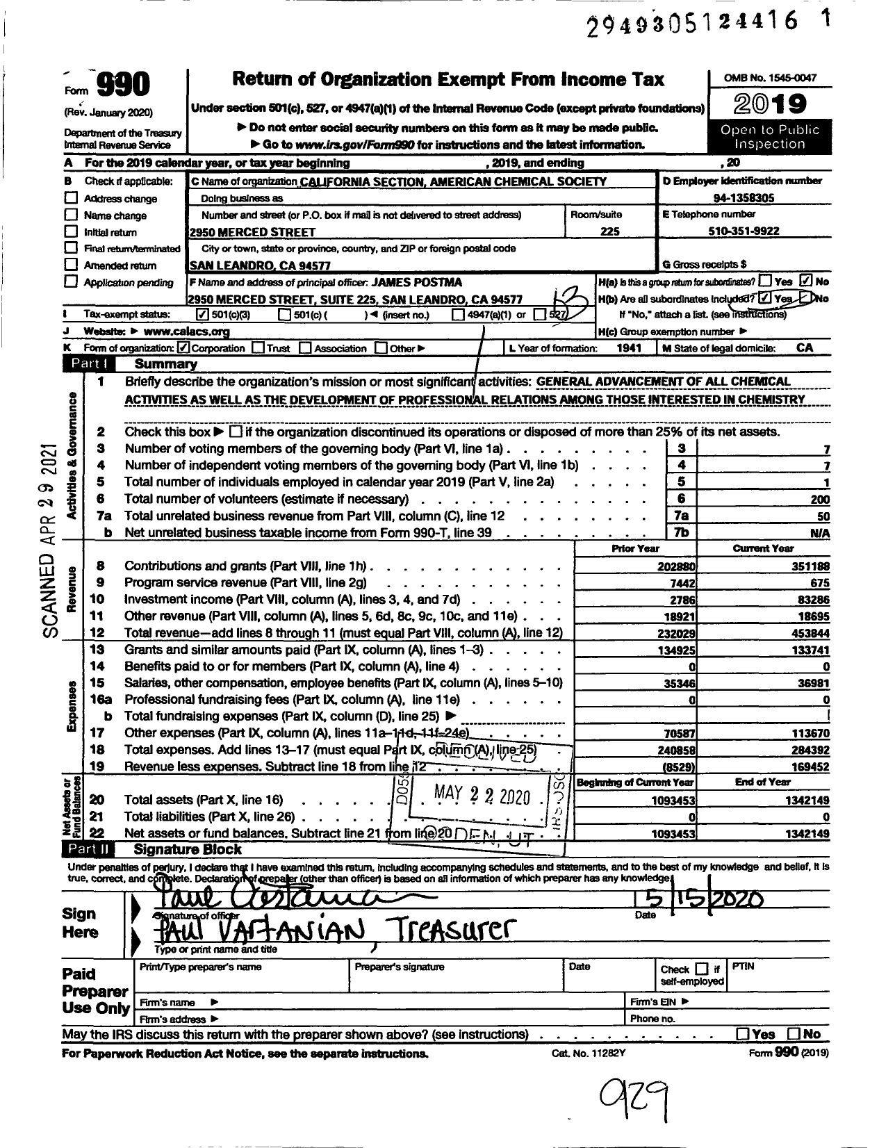 Image of first page of 2019 Form 990 for American Chemical Society - California Section