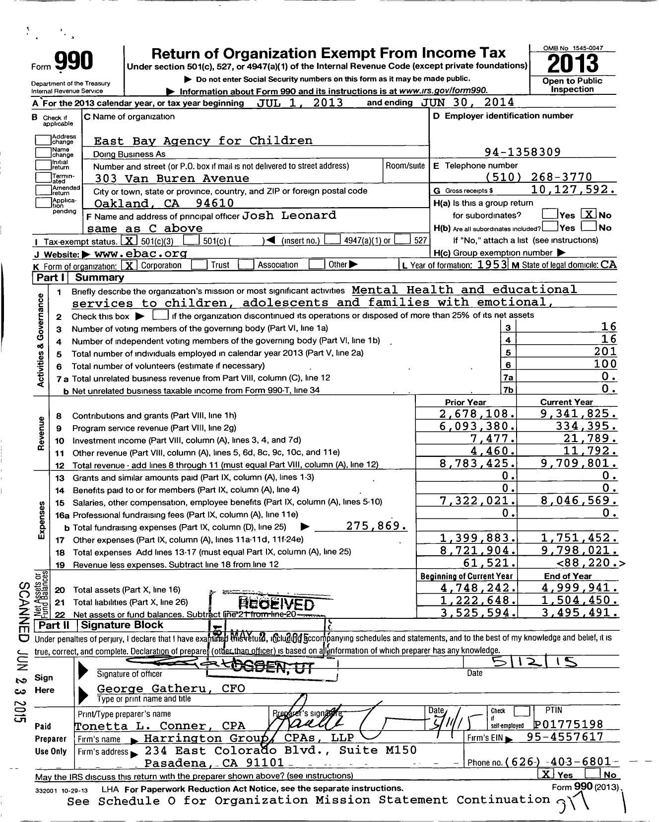 Image of first page of 2013 Form 990 for East Bay Agency for Children (EBAC)